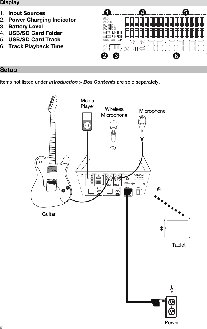   6   Display  1. Input Sources 2. Power Charging Indicator 3. Battery Level 4. USB/SD Card Folder 5. USB/SD Card Track 6. Track Playback Time    Setup  Items not listed under Introduction &gt; Box Contents are sold separately.    Guitar Media  Player  Microphone Tablet Wireless Microphone Power 12 34 56