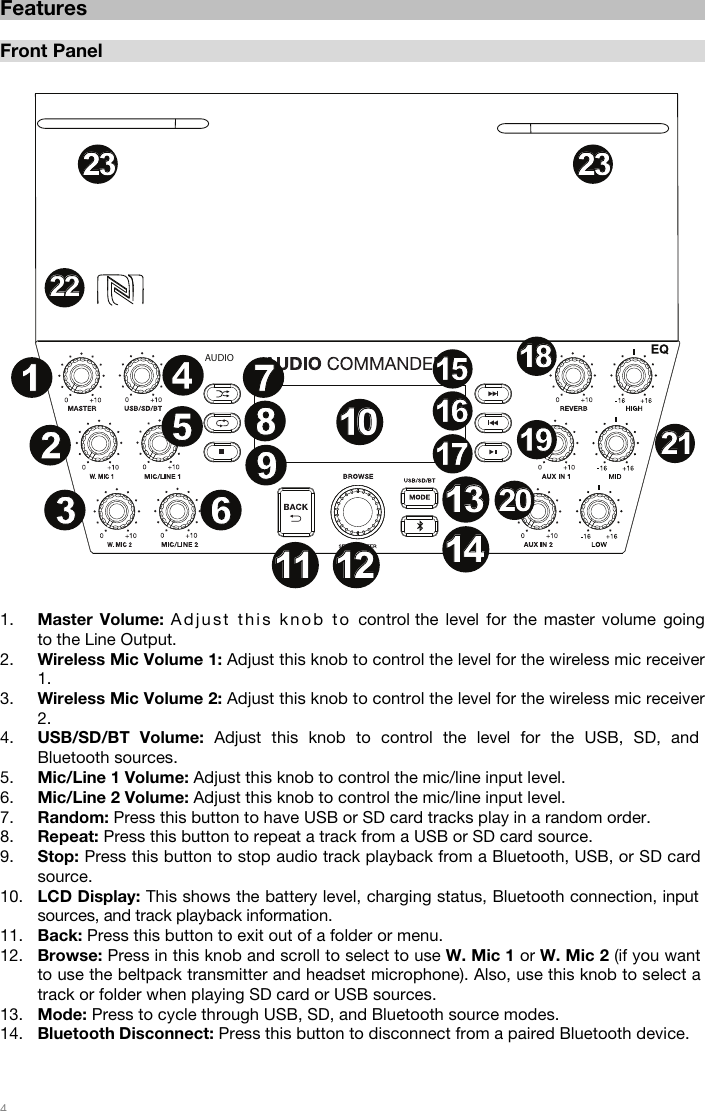   4   Features  Front Panel   1. Master Volume: Adju s t  this kn o b  to control the level for the master volume going to the Line Output. 2. Wireless Mic Volume 1: Adjust this knob to control the level for the wireless mic receiver 1. 3. Wireless Mic Volume 2: Adjust this knob to control the level for the wireless mic receiver 2. 4. USB/SD/BT Volume: Adjust this knob to control the level for the USB, SD, and Bluetooth sources. 5. Mic/Line 1 Volume: Adjust this knob to control the mic/line input level. 6. Mic/Line 2 Volume: Adjust this knob to control the mic/line input level. 7. Random: Press this button to have USB or SD card tracks play in a random order.  8. Repeat: Press this button to repeat a track from a USB or SD card source.  9. Stop: Press this button to stop audio track playback from a Bluetooth, USB, or SD card source. 10. LCD Display: This shows the battery level, charging status, Bluetooth connection, input sources, and track playback information. 11. Back: Press this button to exit out of a folder or menu. 12. Browse: Press in this knob and scroll to select to use W. Mic 1 or W. Mic 2 (if you want to use the beltpack transmitter and headset microphone). Also, use this knob to select a track or folder when playing SD card or USB sources.    13. Mode: Press to cycle through USB, SD, and Bluetooth source modes.  14. Bluetooth Disconnect: Press this button to disconnect from a paired Bluetooth device.    AUDIO123456789101011111212131314141515161617171818191920202121123456789110222223232323