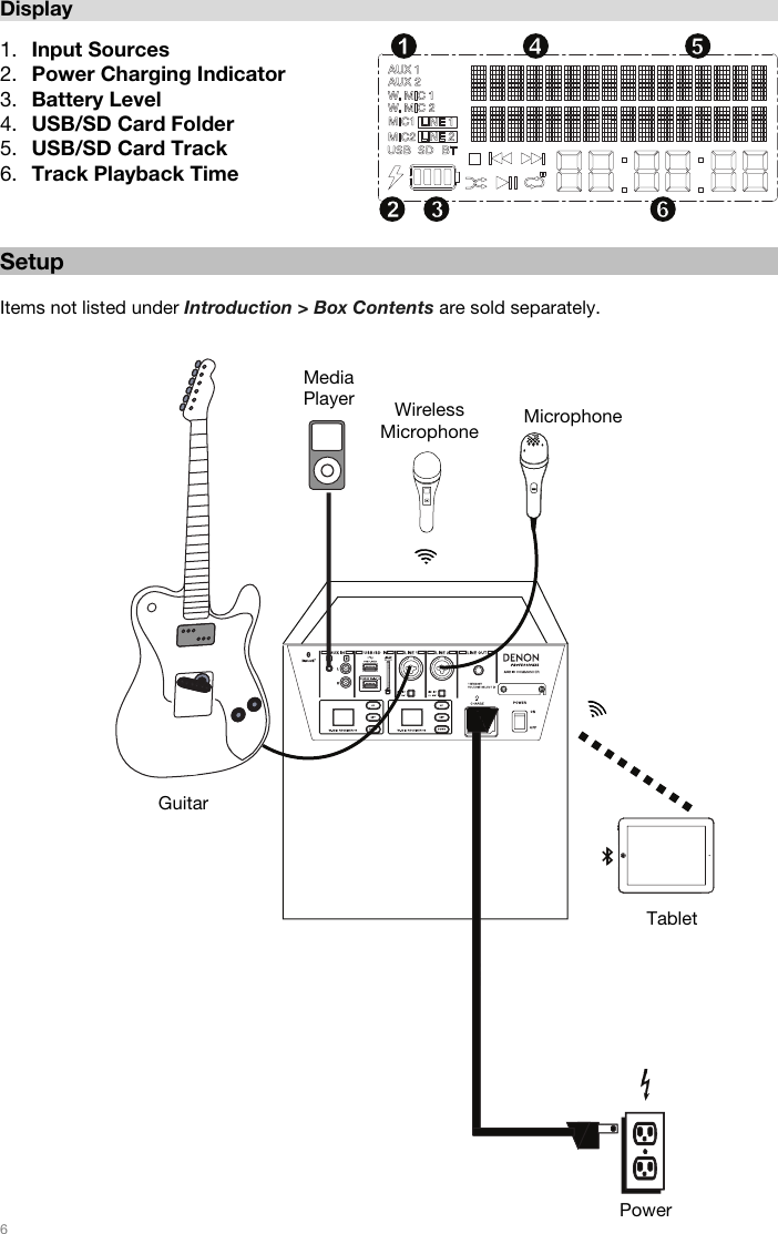   6   Display  1. Input Sources 2. Power Charging Indicator 3. Battery Level 4. USB/SD Card Folder 5. USB/SD Card Track 6. Track Playback Time    Setup  Items not listed under Introduction &gt; Box Contents are sold separately.    Guitar Media  Player  Microphone Tablet Wireless Microphone Power 12 34 56