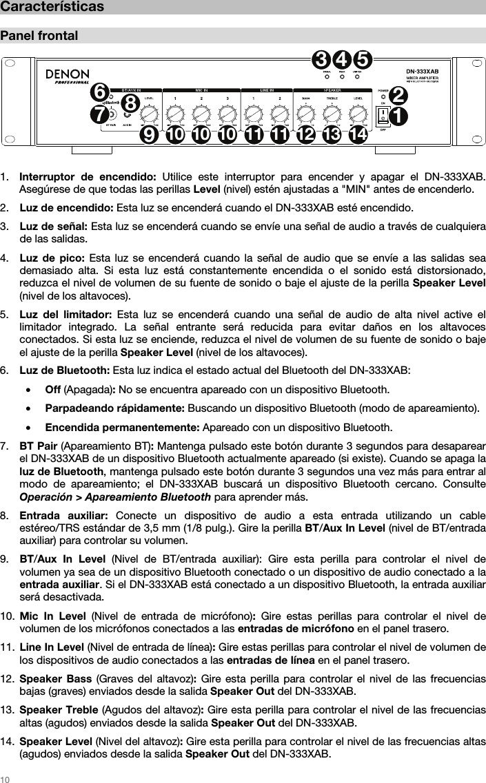   10   Características  Panel frontal  1. Interruptor de encendido: Utilice este interruptor para encender y apagar el DN-333XAB. Asegúrese de que todas las perillas Level (nivel) estén ajustadas a &quot;MIN&quot; antes de encenderlo. 2. Luz de encendido: Esta luz se encenderá cuando el DN-333XAB esté encendido. 3. Luz de señal: Esta luz se encenderá cuando se envíe una señal de audio a través de cualquiera de las salidas.  4. Luz de pico: Esta luz se encenderá cuando la señal de audio que se envíe a las salidas sea demasiado alta. Si esta luz está constantemente encendida o el sonido está distorsionado, reduzca el nivel de volumen de su fuente de sonido o baje el ajuste de la perilla Speaker Level (nivel de los altavoces). 5. Luz del limitador: Esta luz se encenderá cuando una señal de audio de alta nivel active el limitador integrado. La señal entrante será reducida para evitar daños en los altavoces conectados. Si esta luz se enciende, reduzca el nivel de volumen de su fuente de sonido o baje el ajuste de la perilla Speaker Level (nivel de los altavoces). 6. Luz de Bluetooth: Esta luz indica el estado actual del Bluetooth del DN-333XAB: • Off (Apagada): No se encuentra apareado con un dispositivo Bluetooth. • Parpadeando rápidamente: Buscando un dispositivo Bluetooth (modo de apareamiento). • Encendida permanentemente: Apareado con un dispositivo Bluetooth. 7. BT Pair (Apareamiento BT): Mantenga pulsado este botón durante 3 segundos para desaparear el DN-333XAB de un dispositivo Bluetooth actualmente apareado (si existe). Cuando se apaga la luz de Bluetooth, mantenga pulsado este botón durante 3 segundos una vez más para entrar al modo de apareamiento; el DN-333XAB buscará un dispositivo Bluetooth cercano. Consulte Operación &gt; Apareamiento Bluetooth para aprender más. 8. Entrada auxiliar: Conecte un dispositivo de audio a esta entrada utilizando un cable estéreo/TRS estándar de 3,5 mm (1/8 pulg.). Gire la perilla BT/Aux In Level (nivel de BT/entrada auxiliar) para controlar su volumen. 9. BT/Aux In Level (Nivel de BT/entrada auxiliar): Gire esta perilla para controlar el nivel de volumen ya sea de un dispositivo Bluetooth conectado o un dispositivo de audio conectado a la entrada auxiliar. Si el DN-333XAB está conectado a un dispositivo Bluetooth, la entrada auxiliar será desactivada. 10. Mic In Level (Nivel de entrada de micrófono): Gire estas perillas para controlar el nivel de volumen de los micrófonos conectados a las entradas de micrófono en el panel trasero. 11. Line In Level (Nivel de entrada de línea): Gire estas perillas para controlar el nivel de volumen de los dispositivos de audio conectados a las entradas de línea en el panel trasero. 12. Speaker Bass (Graves del altavoz): Gire esta perilla para controlar el nivel de las frecuencias bajas (graves) enviados desde la salida Speaker Out del DN-333XAB. 13. Speaker Treble (Agudos del altavoz): Gire esta perilla para controlar el nivel de las frecuencias altas (agudos) enviados desde la salida Speaker Out del DN-333XAB. 14. Speaker Level (Nivel del altavoz): Gire esta perilla para controlar el nivel de las frecuencias altas (agudos) enviados desde la salida Speaker Out del DN-333XAB. 123678910 10 10 11 11 12 13 1445