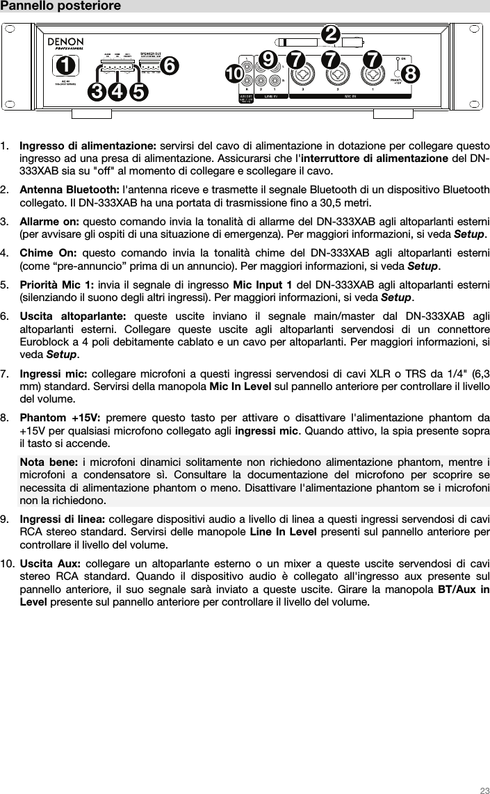   23   Pannello posteriore  1. Ingresso di alimentazione: servirsi del cavo di alimentazione in dotazione per collegare questo ingresso ad una presa di alimentazione. Assicurarsi che l&apos;interruttore di alimentazione del DN-333XAB sia su &quot;off&quot; al momento di collegare e scollegare il cavo. 2. Antenna Bluetooth: l&apos;antenna riceve e trasmette il segnale Bluetooth di un dispositivo Bluetooth collegato. Il DN-333XAB ha una portata di trasmissione fino a 30,5 metri. 3. Allarme on: questo comando invia la tonalità di allarme del DN-333XAB agli altoparlanti esterni (per avvisare gli ospiti di una situazione di emergenza). Per maggiori informazioni, si veda Setup.   4. Chime On: questo comando invia la tonalità chime del DN-333XAB agli altoparlanti esterni (come “pre-annuncio” prima di un annuncio). Per maggiori informazioni, si veda Setup.   5. Priorità Mic 1: invia il segnale di ingresso Mic Input 1 del DN-333XAB agli altoparlanti esterni (silenziando il suono degli altri ingressi). Per maggiori informazioni, si veda Setup.  6. Uscita altoparlante: queste uscite inviano il segnale main/master dal DN-333XAB agli altoparlanti esterni. Collegare queste uscite agli altoparlanti servendosi di un connettore Euroblock a 4 poli debitamente cablato e un cavo per altoparlanti. Per maggiori informazioni, si veda Setup. 7. Ingressi mic: collegare microfoni a questi ingressi servendosi di cavi XLR o TRS da 1/4&quot; (6,3 mm) standard. Servirsi della manopola Mic In Level sul pannello anteriore per controllare il livello del volume. 8. Phantom +15V: premere questo tasto per attivare o disattivare l&apos;alimentazione phantom da +15V per qualsiasi microfono collegato agli ingressi mic. Quando attivo, la spia presente sopra il tasto si accende.  Nota bene: i microfoni dinamici solitamente non richiedono alimentazione phantom, mentre i microfoni a condensatore sì. Consultare la documentazione del microfono per scoprire se necessita di alimentazione phantom o meno. Disattivare l&apos;alimentazione phantom se i microfoni non la richiedono.  9. Ingressi di linea: collegare dispositivi audio a livello di linea a questi ingressi servendosi di cavi RCA stereo standard. Servirsi delle manopole Line In Level presenti sul pannello anteriore per controllare il livello del volume. 10. Uscita Aux: collegare un altoparlante esterno o un mixer a queste uscite servendosi di cavi stereo RCA standard. Quando il dispositivo audio è collegato all&apos;ingresso aux presente sul pannello anteriore, il suo segnale sarà inviato a queste uscite. Girare la manopola BT/Aux in Level presente sul pannello anteriore per controllare il livello del volume.    MIC 1PRIORITYCHIMEONALARMONPRIORITY12345677 78910