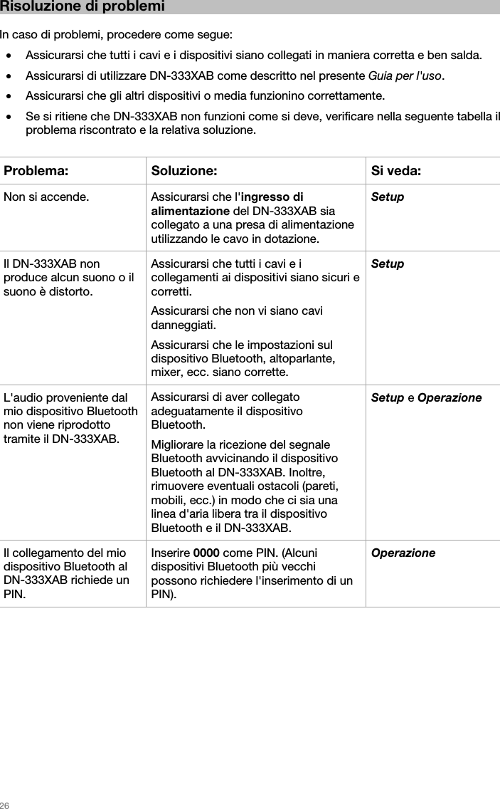   26   Risoluzione di problemi  In caso di problemi, procedere come segue: • Assicurarsi che tutti i cavi e i dispositivi siano collegati in maniera corretta e ben salda. • Assicurarsi di utilizzare DN-333XAB come descritto nel presente Guia per l&apos;uso. • Assicurarsi che gli altri dispositivi o media funzionino correttamente. • Se si ritiene che DN-333XAB non funzioni come si deve, verificare nella seguente tabella il problema riscontrato e la relativa soluzione.  Problema: Soluzione: Si veda:Non si accende.  Assicurarsi che l&apos;ingresso di alimentazione del DN-333XAB sia collegato a una presa di alimentazione utilizzando le cavo in dotazione. Setup Il DN-333XAB non produce alcun suono o il suono è distorto. Assicurarsi che tutti i cavi e i collegamenti ai dispositivi siano sicuri e corretti. Assicurarsi che non vi siano cavi danneggiati. Assicurarsi che le impostazioni sul dispositivo Bluetooth, altoparlante, mixer, ecc. siano corrette. Setup L&apos;audio proveniente dal mio dispositivo Bluetooth non viene riprodotto tramite il DN-333XAB. Assicurarsi di aver collegato adeguatamente il dispositivo Bluetooth. Migliorare la ricezione del segnale Bluetooth avvicinando il dispositivo Bluetooth al DN-333XAB. Inoltre, rimuovere eventuali ostacoli (pareti, mobili, ecc.) in modo che ci sia una linea d&apos;aria libera tra il dispositivo Bluetooth e il DN-333XAB. Setup eOperazione Il collegamento del mio dispositivo Bluetooth al DN-333XAB richiede un PIN. Inserire 0000 come PIN. (Alcuni dispositivi Bluetooth più vecchi possono richiedere l&apos;inserimento di un PIN). Operazione  