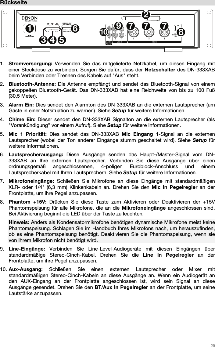   29    Rückseite  1. Stromversorgung: Verwenden Sie das mitgelieferte Netzkabel, um diesen Eingang mit einer Steckdose zu verbinden. Sorgen Sie dafür, dass der Netzschalter des DN-333XAB beim Verbinden oder Trennen des Kabels auf &quot;Aus&quot; steht. 2. Bluetooth-Antenne: Die Antenne empfängt und sendet das Bluetooth-Signal von einem gekoppelten Bluetooth-Gerät. Das DN-333XAB hat eine Reichweite von bis zu 100 Fuß (30,5 Meter). 3. Alarm Ein: Dies sendet den Alarmton des DN-333XAB an die externen Lautsprecher (um Gäste in einer Notsituation zu warnen). Siehe Setup für weitere Informationen.   4. Chime Ein: Dieser sendet den DN-333XAB Signalton an die externen Lautsprecher (als &quot;Vorankündigung&quot; vor einem Aufruf). Siehe Setup für weitere Informationen.   5. Mic 1 Priorität: Dies sendet das DN-333XAB Mic Eingang 1-Signal an die externen Lautsprecher (wobei der Ton anderer Eingänge stumm geschaltet wird). Siehe Setup für weitere Informationen.  6. Lautsprecherausgang: Diese Ausgänge senden das Haupt-/Master-Signal vom DN-333XAB an Ihre externen Lautsprecher. Verbinden Sie diese Ausgänge über einen ordnungsgemäß angeschlossenen, 4-poligen Euroblock-Anschluss und einem Lautsprecherkabel mit Ihren Lautsprechern. Siehe Setup für weitere Informationen. 7. Mikrofoneingänge: Schließen Sie Mikrofone an diese Eingänge mit standardmäßigen XLR- oder 1/4&quot; (6,3 mm) Klinkenkabeln an. Drehen Sie den Mic In Pegelregler an der Frontplatte, um ihre Pegel anzupassen. 8. Phantom +15V: Drücken Sie diese Taste zum Aktivieren oder Deaktivieren der +15V Phantomspeisung für alle Mikrofone, die an die Mikrofoneingänge  angeschlossen sind. Bei Aktivierung beginnt die LED über der Taste zu leuchten.  Hinweis: Anders als Kondensatormikrofone benötigen dynamische Mikrofone meist keine Phantomspeisung. Schlagen Sie im Handbuch Ihres Mikrofons nach, um herauszufinden, ob es eine Phantomspeisung benötigt. Deaktivieren Sie die Phantomspeisung, wenn sie von Ihrem Mikrofon nicht benötigt wird.  9. Line-Eingänge: Verbinden Sie Line-Level-Audiogeräte mit diesen Eingängen über standardmäßige Stereo-Cinch-Kabel. Drehen Sie die Line In Pegelregler an der Frontplatte, um ihre Pegel anzupassen. 10. Aux-Ausgang: Schließen Sie einen externen Lautsprecher oder Mixer mit standardmäßigen Stereo-Cinch-Kabeln an diese Ausgänge an. Wenn ein Audiogerät an den AUX-Eingang an der Frontplatte angeschlossen ist, wird sein Signal an diese Ausgänge gesendet. Drehen Sie den BT/Aux In Pegelregler an der Frontplatte, um seine Lautstärke anzupassen.   MIC 1PRIORITYCHIMEONALARMONPRIORITY12345677 78910