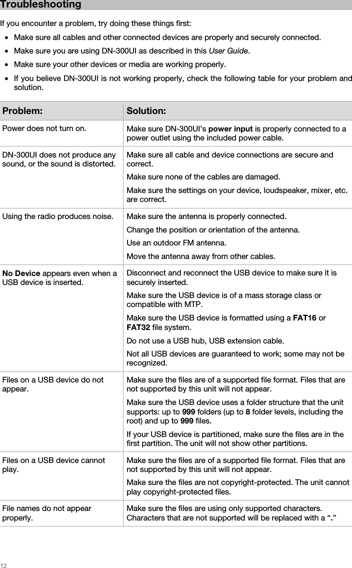   12   Troubleshooting  If you encounter a problem, try doing these things first: • Make sure all cables and other connected devices are properly and securely connected. • Make sure you are using DN-300UI as described in this User Guide. • Make sure your other devices or media are working properly. • If you believe DN-300UI is not working properly, check the following table for your problem and solution.  Problem:  Solution:Power does not turn on.  Make sure DN-300UI’s power input is properly connected to a power outlet using the included power cable. DN-300UI does not produce any sound, or the sound is distorted. Make sure all cable and device connections are secure and correct. Make sure none of the cables are damaged. Make sure the settings on your device, loudspeaker, mixer, etc. are correct. Using the radio produces noise.  Make sure the antenna is properly connected.Change the position or orientation of the antenna. Use an outdoor FM antenna. Move the antenna away from other cables. No Device appears even when a USB device is inserted. Disconnect and reconnect the USB device to make sure it is securely inserted. Make sure the USB device is of a mass storage class or compatible with MTP. Make sure the USB device is formatted using a FAT16 or FAT32 file system. Do not use a USB hub, USB extension cable. Not all USB devices are guaranteed to work; some may not be recognized.  Files on a USB device do not appear. Make sure the files are of a supported file format. Files that are not supported by this unit will not appear. Make sure the USB device uses a folder structure that the unit supports: up to 999 folders (up to 8 folder levels, including the root) and up to 999 files. If your USB device is partitioned, make sure the files are in the first partition. The unit will not show other partitions. Files on a USB device cannot play. Make sure the files are of a supported file format. Files that are not supported by this unit will not appear. Make sure the files are not copyright-protected. The unit cannot play copyright-protected files. File names do not appear properly. Make sure the files are using only supported characters. Characters that are not supported will be replaced with a “.” 