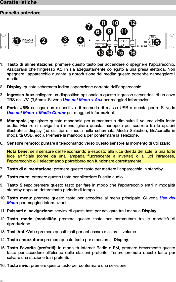   36   Caratteristiche  Pannello anteriore  1. Tasto di alimentazione: premere questo tasto per accendere o spegnere l’apparecchio. Assicurarsi che l’ingresso AC In sia adeguatamente collegato a una presa elettrica. Non spegnere l’apparecchio durante la riproduzione dei media: questo potrebbe danneggiare i media. 2. Display: questa schermata indica l’operazione corrente dell’apparecchio.  3. Ingresso Aux: collegare un dispositivo opzionale a questo ingresso servendosi di un cavo TRS da 1/8” (3,5mm). Si veda Uso del Menu &gt; Aux per maggiori informazioni. 4. Porta USB: collegare un dispositivo di memoria di massa USB a questa porta. Si veda Uso del Menu &gt; Media Center per maggiori informazioni. 5. Manopola jog: girare questa manopola per aumentare o diminuire il volume della fonte audio. Mentre si naviga tra i menu, girare questa manopola per scorrere tra le opzioni illustrate a display (ad es. tipi di media nella schermata Media Selection, file/cartelle in modalità USB, ecc.). Premere la manopola per confermare la selezione. 6. Sensore remoto: puntare il telecomando verso questo sensore al momento di utilizzarlo.  Nota bene: se il sensore del telecomando è esposto alla luce diretta del sole, a una forte luce artificiale (come da una lampada fluorescente a inverter) o a luci infrarosse, l’apparecchio o il telecomando potrebbero non funzionare correttamente. 7. Tasto di alimentazione: premere questo tasto per mettere l&apos;apparecchio in standby. 8. Tasto muto: premere questo tasto per silenziare l&apos;uscita audio. 9. Tasto Sleep: premere questo tasto per fare in modo che l&apos;apparecchio entri in modalità standby dopo un determinato periodo di tempo.  10. Tasto menu: premere questo tasto per accedere al menu principale. Si veda Uso del Menu per maggiori informazioni. 11. Pulsanti di navigazione: servirsi di questi tasti per navigare tra i menu a Display. 12. Tasto mode (modalità): premere questo tasto per commutare tra le modalità di riproduzione. 13. Tasti Vol-/Vol+: premere questi tasti per abbassare o alzare il volume. 14. Tasto smorzatore: premere questo tasto per smorzare il Display. 15. Tasto Favorite (preferiti): in modalità Internet Radio o FM, premere brevemente questo tasto per accedere all&apos;elenco delle stazioni preferite. Tenere premuto questo tasto per salvare una stazione tra i preferiti. 16. Tasto invio: premere questo tasto per confermare una selezione.  DN-300UIVOLUME / SELECTPUSHENTERIRAUX INOFFONPOWER USB5V1APOWER MUTE SLEEP MENU MODEFAVORITEENTERDIMMERVOL+VOL-12567891011121513 14 1634