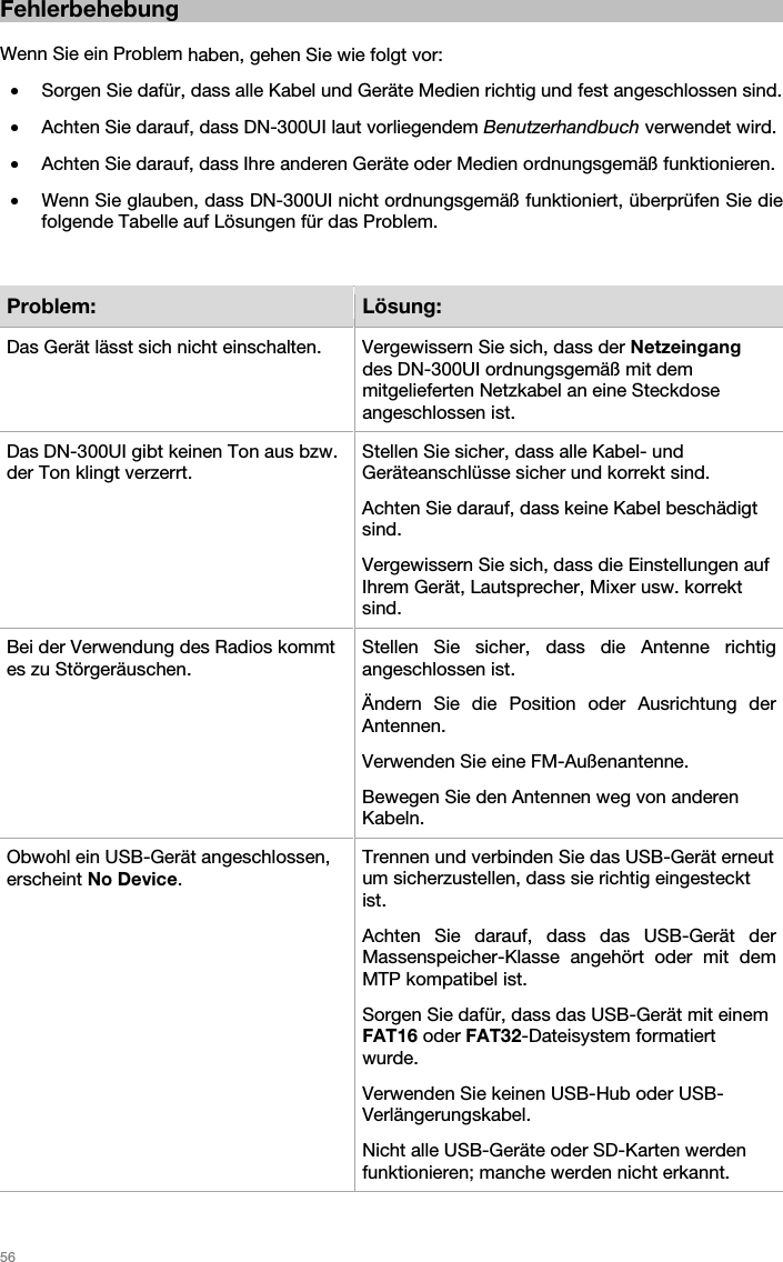 56 Fehlerbehebung Wenn Sie ein Problem haben, gehen Sie wie folgt vor: •Sorgen Sie dafür, dass alle Kabel und Geräte Medien richtig und fest angeschlossen sind.•Achten Sie darauf, dass DN-300UI laut vorliegendem Benutzerhandbuch verwendet wird.•Achten Sie darauf, dass Ihre anderen Geräte oder Medien ordnungsgemäß funktionieren.•Wenn Sie glauben, dass DN-300UI nicht ordnungsgemäß funktioniert, überprüfen Sie diefolgende Tabelle auf Lösungen für das Problem.Problem:  Lösung:Das Gerät lässt sich nicht einschalten.  Vergewissern Sie sich, dass der Netzeingang des DN-300UI ordnungsgemäß mit dem mitgelieferten Netzkabel an eine Steckdose angeschlossen ist. Das DN-300UI gibt keinen Ton aus bzw. der Ton klingt verzerrt. Stellen Sie sicher, dass alle Kabel- und Geräteanschlüsse sicher und korrekt sind. Achten Sie darauf, dass keine Kabel beschädigt sind. Vergewissern Sie sich, dass die Einstellungen auf Ihrem Gerät, Lautsprecher, Mixer usw. korrekt sind. Bei der Verwendung des Radios kommt es zu Störgeräuschen. Stellen Sie sicher, dass die Antenne richtig angeschlossen ist. Ändern Sie die Position oder Ausrichtung der Antennen. Verwenden Sie eine FM-Außenantenne. Bewegen Sie den Antennen weg von anderen Kabeln. Obwohl ein USB-Gerät angeschlossen, erscheint No Device. Trennen und verbinden Sie das USB-Gerät erneut um sicherzustellen, dass sie richtig eingesteckt ist. Achten Sie darauf, dass das USB-Gerät der Massenspeicher-Klasse angehört oder mit dem MTP kompatibel ist. Sorgen Sie dafür, dass das USB-Gerät mit einem FAT16 oder FAT32-Dateisystem formatiert wurde. Verwenden Sie keinen USB-Hub oder USB-Verlängerungskabel. Nicht alle USB-Geräte oder SD-Karten werden funktionieren; manche werden nicht erkannt. 