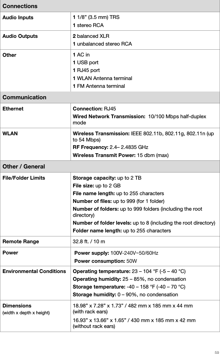 59 Connections Audio Inputs  1 1/8” (3.5 mm) TRS 1 stereo RCA Audio Outputs  2 balanced XLR 1 unbalanced stereo RCA Other  1 AC in1 USB port 1 RJ45 port 1 WLAN Antenna terminal 1 FM Antenna terminal Communication Ethernet  Connection: RJ45 Wired Network Transmission:  10/100 Mbps half-duplex mode WLAN Wireless Transmission: IEEE 802.11b, 802.11g, 802.11n (up to 54 Mbps) RF Frequency: 2.4– 2.4835 GHz Wireless Transmit Power: 15 dbm (max) Other / General File/Folder Limits  Storage capacity: up to 2 TB File size: up to 2 GB File name length: up to 255 characters Number of files: up to 999 (for 1 folder) Number of folders: up to 999 folders (including the root directory) Number of folder levels: up to 8 (including the root directory) Folder name length: up to 255 characters Remote Range  32.8 ft. / 10 m Power  Power supply: 100V-240V~50/60Hz Power consumption: 50WEnvironmental Conditions  Operating temperature: 23 – 104 °F (-5 – 40 °C) Operating humidity: 25 – 85%, no condensation Storage temperature: -40 – 158 °F (-40 – 70 °C) Storage humidity: 0 – 90%, no condensation Dimensions  (width x depth x height) 18.98” x 7.28” x 1.73” / 482 mm x 185 mm x 44 mm (with rack ears) 16.93” x 13.66” x 1.65” / 430 mm x 185 mm x 42 mm (without rack ears) 