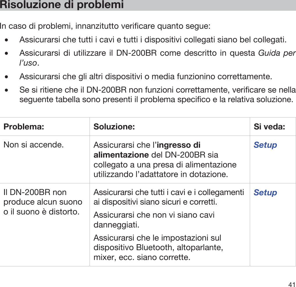  41   Risoluzione di problemi  In caso di problemi, innanzitutto verificare quanto segue: •Assicurarsi che tutti i cavi e tutti i dispositivi collegati siano bel collegati. •Assicurarsi di utilizzare il DN-200BR come descritto in questa Guida per l’uso. •Assicurarsi che gli altri dispositivi o media funzionino correttamente. •Se si ritiene che il DN-200BR non funzioni correttamente, verificare se nella seguente tabella sono presenti il problema specifico e la relativa soluzione.  Problema: Soluzione:  Si veda: Non si accende.  Assicurarsi che l’ingresso di alimentazione del DN-200BR sia collegato a una presa di alimentazione utilizzando l’adattatore in dotazione. Setup Il DN-200BR non produce alcun suono o il suono è distorto. Assicurarsi che tutti i cavi e i collegamenti ai dispositivi siano sicuri e corretti. Assicurarsi che non vi siano cavi danneggiati. Assicurarsi che le impostazioni sul dispositivo Bluetooth, altoparlante, mixer, ecc. siano corrette. Setup 