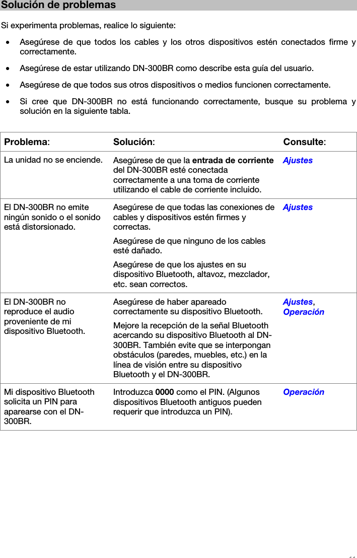   11   Solución de problemas  Si experimenta problemas, realice lo siguiente: • Asegúrese de que todos los cables y los otros dispositivos estén conectados firme y correctamente. • Asegúrese de estar utilizando DN-300BR como describe esta guía del usuario. • Asegúrese de que todos sus otros dispositivos o medios funcionen correctamente. • Si cree que DN-300BR no está funcionando correctamente, busque su problema y solución en la siguiente tabla.  Problema:Solución:Consulte: La unidad no se enciende.  Asegúrese de que la entrada de corriente del DN-300BR esté conectada correctamente a una toma de corriente utilizando el cable de corriente incluido. Ajustes El DN-300BR no emite ningún sonido o el sonido está distorsionado. Asegúrese de que todas las conexiones de cables y dispositivos estén firmes y correctas. Asegúrese de que ninguno de los cables esté dañado. Asegúrese de que los ajustes en su dispositivo Bluetooth, altavoz, mezclador, etc. sean correctos. Ajustes El DN-300BR no reproduce el audio proveniente de mi dispositivo Bluetooth. Asegúrese de haber apareado correctamente su dispositivo Bluetooth. Mejore la recepción de la señal Bluetooth acercando su dispositivo Bluetooth al DN-300BR. También evite que se interpongan obstáculos (paredes, muebles, etc.) en la línea de visión entre su dispositivo Bluetooth y el DN-300BR. Ajustes, Operación Mi dispositivo Bluetooth solicita un PIN para aparearse con el DN-300BR. Introduzca 0000 como el PIN. (Algunos dispositivos Bluetooth antiguos pueden requerir que introduzca un PIN). Operación   