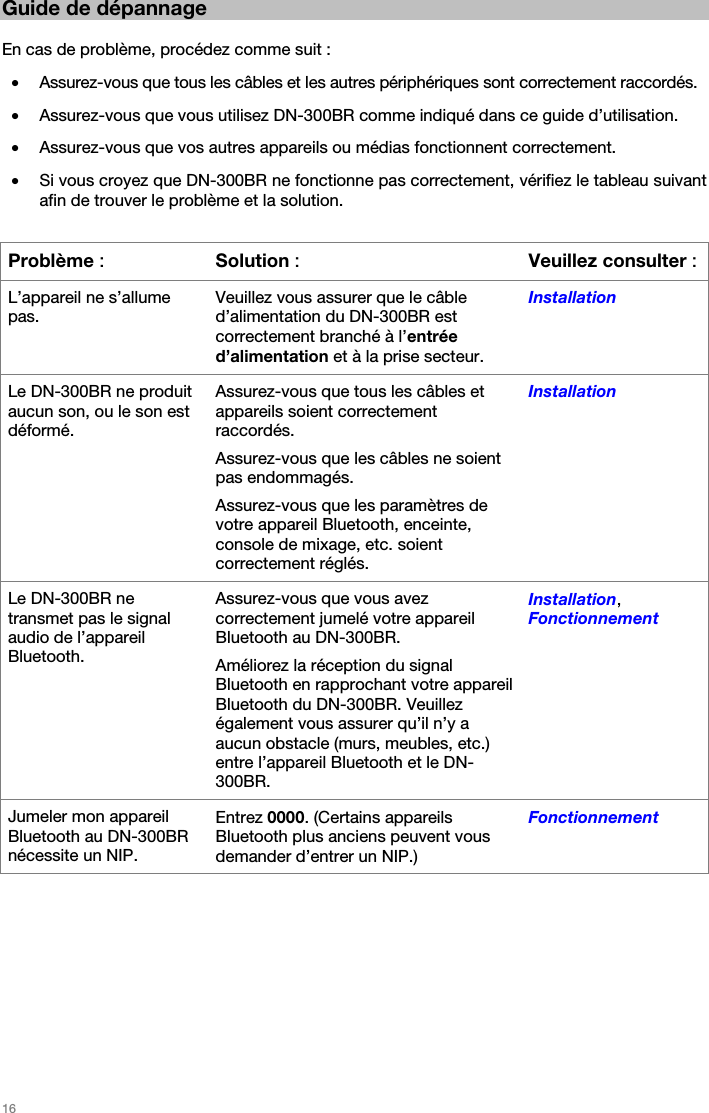   16   Guide de dépannage  En cas de problème, procédez comme suit : • Assurez-vous que tous les câbles et les autres périphériques sont correctement raccordés. • Assurez-vous que vous utilisez DN-300BR comme indiqué dans ce guide d’utilisation. • Assurez-vous que vos autres appareils ou médias fonctionnent correctement. • Si vous croyez que DN-300BR ne fonctionne pas correctement, vérifiez le tableau suivant afin de trouver le problème et la solution.  Problème : Solution :Veuillez consulter : L’appareil ne s’allume pas. Veuillez vous assurer que le câble d’alimentation du DN-300BR est correctement branché à l’entrée d’alimentation et à la prise secteur. Installation Le DN-300BR ne produit aucun son, ou le son est déformé. Assurez-vous que tous les câbles et appareils soient correctement raccordés. Assurez-vous que les câbles ne soient pas endommagés. Assurez-vous que les paramètres de votre appareil Bluetooth, enceinte, console de mixage, etc. soient correctement réglés. Installation Le DN-300BR ne transmet pas le signal audio de l’appareil Bluetooth.  Assurez-vous que vous avez correctement jumelé votre appareil Bluetooth au DN-300BR. Améliorez la réception du signal Bluetooth en rapprochant votre appareil Bluetooth du DN-300BR. Veuillez également vous assurer qu’il n’y a aucun obstacle (murs, meubles, etc.) entre l’appareil Bluetooth et le DN-300BR. Installation, Fonctionnement Jumeler mon appareil Bluetooth au DN-300BR nécessite un NIP. Entrez 0000. (Certains appareils Bluetooth plus anciens peuvent vous demander d’entrer un NIP.) Fonctionnement   