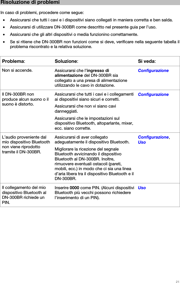   21   Risoluzione di problemi  In caso di problemi, procedere come segue: • Assicurarsi che tutti i cavi e i dispositivi siano collegati in maniera corretta e ben salda. • Assicurarsi di utilizzare DN-300BR come descritto nel presente guia per l’uso. • Assicurarsi che gli altri dispositivi o media funzionino correttamente. • Se si ritiene che DN-300BR non funzioni come si deve, verificare nella seguente tabella il problema riscontrato e la relativa soluzione.  Problema:Soluzione:Si veda: Non si accende.  Assicurarsi che l’ingresso di alimentazione del DN-300BR sia collegato a una presa di alimentazione utilizzando le cavo in dotazione. Configurazione Il DN-300BR non produce alcun suono o il suono è distorto. Assicurarsi che tutti i cavi e i collegamenti ai dispositivi siano sicuri e corretti. Assicurarsi che non vi siano cavi danneggiati. Assicurarsi che le impostazioni sul dispositivo Bluetooth, altoparlante, mixer, ecc. siano corrette. Configurazione L’audio proveniente dal mio dispositivo Bluetooth non viene riprodotto tramite il DN-300BR. Assicurarsi di aver collegato adeguatamente il dispositivo Bluetooth. Migliorare la ricezione del segnale Bluetooth avvicinando il dispositivo Bluetooth al DN-300BR. Inoltre, rimuovere eventuali ostacoli (pareti, mobili, ecc.) in modo che ci sia una linea d’aria libera tra il dispositivo Bluetooth e il DN-300BR. Configurazione, Uso Il collegamento del mio dispositivo Bluetooth al DN-300BR richiede un PIN. Inserire 0000 come PIN. (Alcuni dispositivi Bluetooth più vecchi possono richiedere l’inserimento di un PIN). Uso   