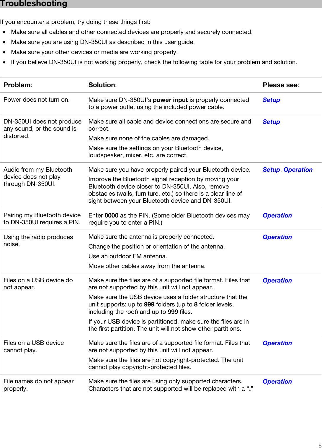   5   Troubleshooting  If you encounter a problem, try doing these things first: • Make sure all cables and other connected devices are properly and securely connected. • Make sure you are using DN-350UI as described in this user guide. • Make sure your other devices or media are working properly. • If you believe DN-350UI is not working properly, check the following table for your problem and solution.  Problem:  Solution:  Please see: Power does not turn on.  Make sure DN-350UI’s power input is properly connected to a power outlet using the included power cable. SetupDN-350UI does not produce any sound, or the sound is distorted. Make sure all cable and device connections are secure and correct. Make sure none of the cables are damaged. Make sure the settings on your Bluetooth device, loudspeaker, mixer, etc. are correct. SetupAudio from my Bluetooth device does not play through DN-350UI. Make sure you have properly paired your Bluetooth device. Improve the Bluetooth signal reception by moving your Bluetooth device closer to DN-350UI. Also, remove obstacles (walls, furniture, etc.) so there is a clear line of sight between your Bluetooth device and DN-350UI. Setup, OperationPairing my Bluetooth device to DN-350UI requires a PIN. Enter 0000 as the PIN. (Some older Bluetooth devices may require you to enter a PIN.) OperationUsing the radio produces noise. Make sure the antenna is properly connected.Change the position or orientation of the antenna. Use an outdoor FM antenna. Move other cables away from the antenna. OperationFiles on a USB device do not appear. Make sure the files are of a supported file format. Files that are not supported by this unit will not appear. Make sure the USB device uses a folder structure that the unit supports: up to 999 folders (up to 8 folder levels, including the root) and up to 999 files. If your USB device is partitioned, make sure the files are in the first partition. The unit will not show other partitions. OperationFiles on a USB device cannot play. Make sure the files are of a supported file format. Files that are not supported by this unit will not appear. Make sure the files are not copyright-protected. The unit cannot play copyright-protected files. OperationFile names do not appear properly. Make sure the files are using only supported characters. Characters that are not supported will be replaced with a “.” Operation   