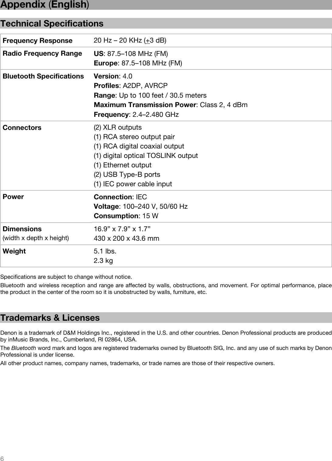   6   Appendix (English)  Technical Specifications  Frequency Response  20 Hz – 20 KHz (+3 dB) Radio Frequency Range  US: 87.5–108 MHz (FM) Europe: 87.5–108 MHz (FM) Bluetooth Specifications  Version: 4.0 Profiles: A2DP, AVRCP Range: Up to 100 feet / 30.5 meters Maximum Transmission Power: Class 2, 4 dBm Frequency: 2.4–2.480 GHz Connectors  (2) XLR outputs (1) RCA stereo output pair (1) RCA digital coaxial output (1) digital optical TOSLINK output (1) Ethernet output  (2) USB Type-B ports (1) IEC power cable input Power  Connection: IEC Voltage: 100–240 V, 50/60 Hz Consumption: 15 W Dimensions (width x depth x height) 16.9” x 7.9” x 1.7” 430 x 200 x 43.6 mm Weight  5.1 lbs. 2.3 kg  Specifications are subject to change without notice.  Bluetooth and wireless reception and range are affected by walls, obstructions, and movement. For optimal performance, place the product in the center of the room so it is unobstructed by walls, furniture, etc.   Trademarks &amp; Licenses  Denon is a trademark of D&amp;M Holdings Inc., registered in the U.S. and other countries. Denon Professional products are produced by inMusic Brands, Inc., Cumberland, RI 02864, USA. The Bluetooth word mark and logos are registered trademarks owned by Bluetooth SIG, Inc. and any use of such marks by Denon Professional is under license. All other product names, company names, trademarks, or trade names are those of their respective owners. 