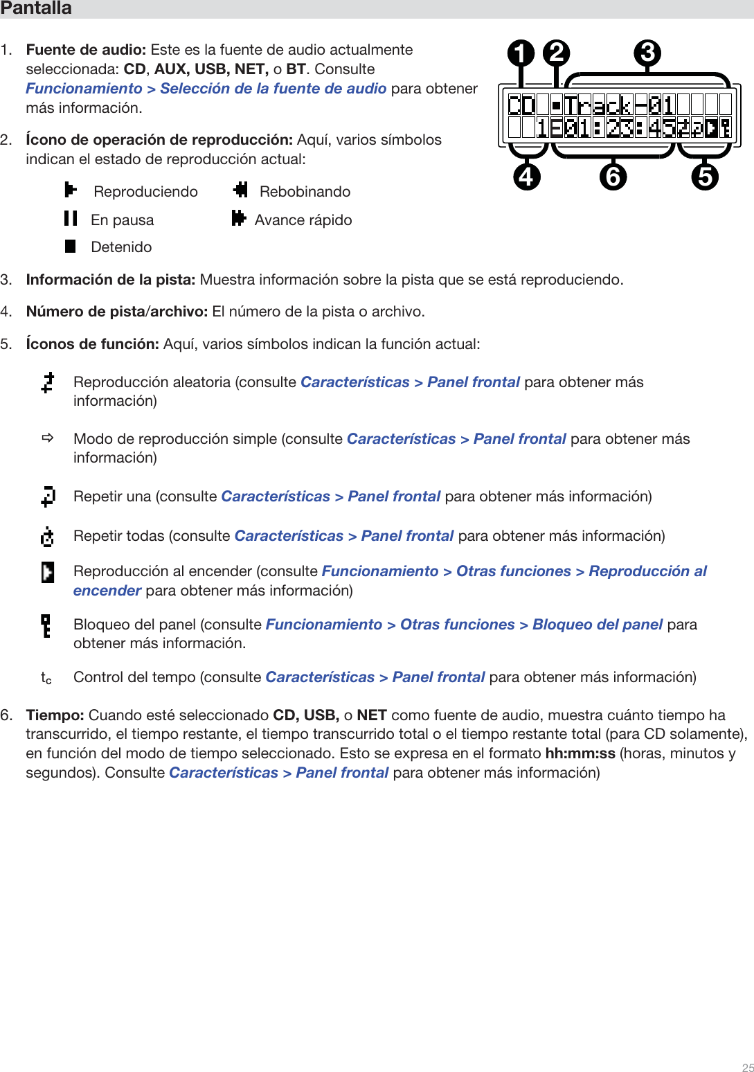 25   Pantalla   1.Fuente de audio: Este es la fuente de audio actualmente seleccionada: CD, AUX, USB, NET, o BT. Consulte Funcionamiento &gt; Selección de la fuente de audio para obtener más información. 2.Ícono de operación de reproducción: Aquí, varios símbolos indican el estado de reproducción actual:     Reproduciendo            Rebobinando     En pausa                 Avance rápido     Detenido 3.Información de la pista: Muestra información sobre la pista que se está reproduciendo. 4.Número de pista/archivo: El número de la pista o archivo.  5.Íconos de función: Aquí, varios símbolos indican la función actual:  Reproducción aleatoria (consulte Características &gt; Panel frontal para obtener más información) Ö Modo de reproducción simple (consulte Características &gt; Panel frontal para obtener más información)  Repetir una (consulte Características &gt; Panel frontal para obtener más información)  Repetir todas (consulte Características &gt; Panel frontal para obtener más información)  Reproducción al encender (consulte Funcionamiento &gt; Otras funciones &gt; Reproducción al encender para obtener más información)  Bloqueo del panel (consulte Funcionamiento &gt; Otras funciones &gt; Bloqueo del panel para obtener más información. tC  Control del tempo (consulte Características &gt; Panel frontal para obtener más información) 6.Tiempo: Cuando esté seleccionado CD, USB, o NET como fuente de audio, muestra cuánto tiempo ha transcurrido, el tiempo restante, el tiempo transcurrido total o el tiempo restante total (para CD solamente), en función del modo de tiempo seleccionado. Esto se expresa en el formato hh:mm:ss (horas, minutos y segundos). Consulte Características &gt; Panel frontal para obtener más información)                                    123564