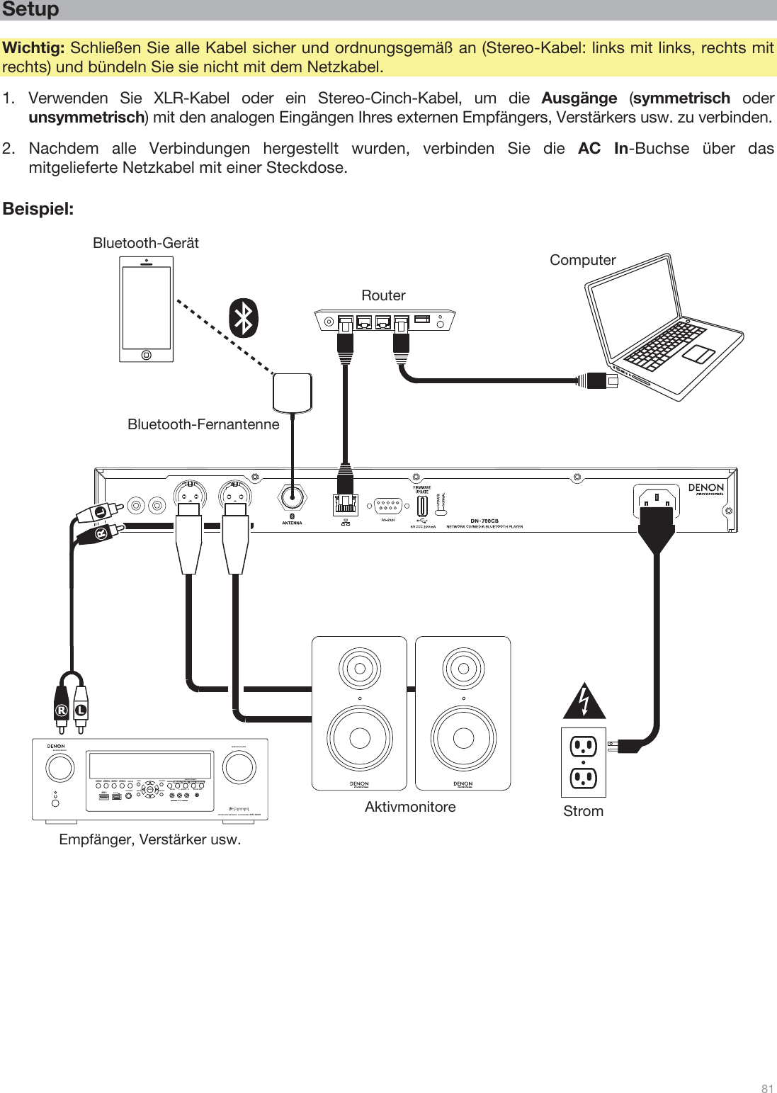  81  ZONE 2SOURCE ZONE 3 ZONE 3SOURCE STATUS DIMMERVIDEOAUX 1SETUP MICINTEGRATED NETWORK AV RECEIVERSSEERIAVR- X4 000IN-CommandL - AUDIO - R1 CBL/SAT 3 GAME4 NETWORKQUICK SELECT2 Blu-rayPHONES BACK ENTERINFOSETUPZONE 2SOURCE SE LECTMASTER VOLUMEON/OFFAUX 1HDMI 7 5V/1AON/OFF OPTION   Setup  Wichtig: Schließen Sie alle Kabel sicher und ordnungsgemäß an (Stereo-Kabel: links mit links, rechts mit rechts) und bündeln Sie sie nicht mit dem Netzkabel. 1.Verwenden Sie XLR-Kabel oder ein Stereo-Cinch-Kabel, um die Ausgänge (symmetrisch oder unsymmetrisch) mit den analogen Eingängen Ihres externen Empfängers, Verstärkers usw. zu verbinden. 2.Nachdem alle Verbindungen hergestellt wurden, verbinden Sie die AC In-Buchse über das mitgelieferte Netzkabel mit einer Steckdose.   Beispiel:                                                 Empfänger, Verstärker usw. Strom Aktivmonitore Computer Router Bluetooth-Gerät Bluetooth-Fernantenne 