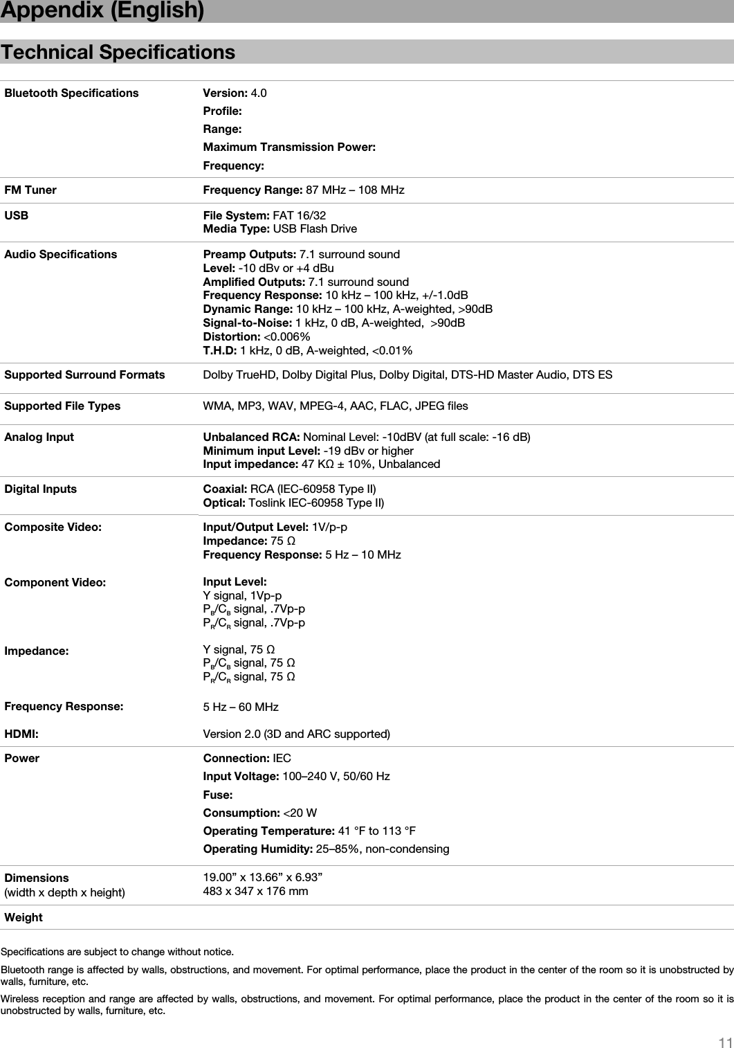   11   Appendix (English)  Technical Specifications  Bluetooth Specifications Version: 4.0 Profile:  Range:  Maximum Transmission Power:  Frequency:  FM Tuner  Frequency Range: 87 MHz – 108 MHz   USB File System: FAT 16/32  Media Type: USB Flash Drive  Audio Specifications  Preamp Outputs: 7.1 surround sound Level: -10 dBv or +4 dBu Amplified Outputs: 7.1 surround sound Frequency Response: 10 kHz – 100 kHz, +/-1.0dB  Dynamic Range: 10 kHz – 100 kHz, A-weighted, &gt;90dB   Signal-to-Noise: 1 kHz, 0 dB, A-weighted,  &gt;90dB Distortion: &lt;0.006%  T.H.D: 1 kHz, 0 dB, A-weighted, &lt;0.01% Supported Surround Formats  Dolby TrueHD, Dolby Digital Plus, Dolby Digital, DTS-HD Master Audio, DTS ES Supported File Types  WMA, MP3, WAV, MPEG-4, AAC, FLAC, JPEG files Analog Input  Unbalanced RCA: Nominal Level: -10dBV (at full scale: -16 dB) Minimum input Level: -19 dBv or higher Input impedance: 47 KΩ ± 10%, UnbalancedDigital Inputs  Coaxial: RCA (IEC-60958 Type II) Optical: Toslink IEC-60958 Type II)  Composite Video:    Component Video:     Impedance:    Frequency Response:  HDMI:   Input/Output Level: 1V/p-p  Impedance: 75 Ω   Frequency Response: 5 Hz – 10 MHz    Input Level:  Y signal, 1Vp-p PB/CB signal, .7Vp-p PR/CR signal, .7Vp-p  Y signal, 75 Ω   PB/CB signal, 75 Ω   PR/CR signal, 75 Ω     5 Hz – 60 MHz    Version 2.0 (3D and ARC supported) Power Connection: IEC Input Voltage: 100–240 V, 50/60 Hz Fuse: Consumption: &lt;20 W Operating Temperature: 41 °F to 113 °F Operating Humidity: 25–85%, non-condensing  Dimensions (width x depth x height) 19.00” x 13.66” x 6.93”  483 x 347 x 176 mm Weight    Specifications are subject to change without notice. Bluetooth range is affected by walls, obstructions, and movement. For optimal performance, place the product in the center of the room so it is unobstructed by walls, furniture, etc. Wireless reception and range are affected by walls, obstructions, and movement. For optimal performance, place the product in the center of the room so it is unobstructed by walls, furniture, etc. 