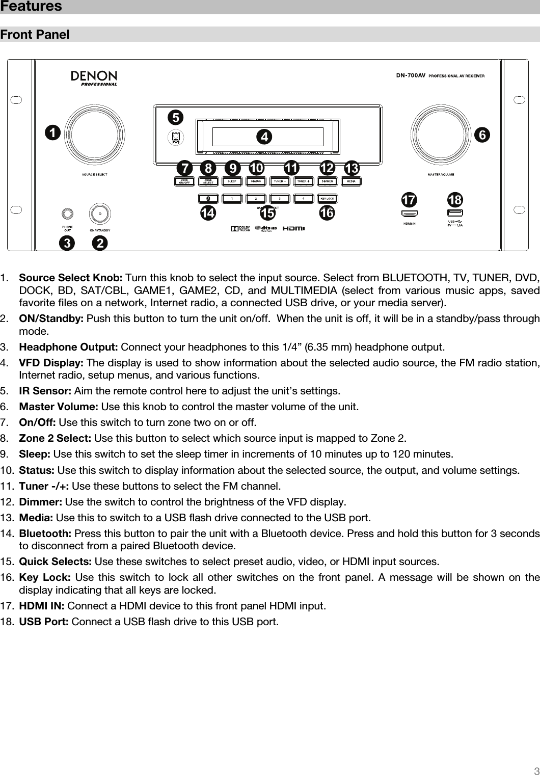   3   Features  Front Panel  1. Source Select Knob: Turn this knob to select the input source. Select from BLUETOOTH, TV, TUNER, DVD, DOCK, BD, SAT/CBL, GAME1, GAME2, CD, and MULTIMEDIA (select from various music apps, saved favorite files on a network, Internet radio, a connected USB drive, or your media server). 2. ON/Standby: Push this button to turn the unit on/off.  When the unit is off, it will be in a standby/pass through mode.  3. Headphone Output: Connect your headphones to this 1/4” (6.35 mm) headphone output. 4. VFD Display: The display is used to show information about the selected audio source, the FM radio station, Internet radio, setup menus, and various functions. 5. IR Sensor: Aim the remote control here to adjust the unit’s settings. 6. Master Volume: Use this knob to control the master volume of the unit.   7. On/Off: Use this switch to turn zone two on or off. 8. Zone 2 Select: Use this button to select which source input is mapped to Zone 2. 9. Sleep: Use this switch to set the sleep timer in increments of 10 minutes up to 120 minutes. 10. Status: Use this switch to display information about the selected source, the output, and volume settings.  11. Tuner -/+: Use these buttons to select the FM channel.  12. Dimmer: Use the switch to control the brightness of the VFD display.   13. Media: Use this to switch to a USB flash drive connected to the USB port. 14. Bluetooth: Press this button to pair the unit with a Bluetooth device. Press and hold this button for 3 seconds to disconnect from a paired Bluetooth device. 15. Quick Selects: Use these switches to select preset audio, video, or HDMI input sources.  16. Key Lock: Use this switch to lock all other switches on the front panel. A message will be shown on the display indicating that all keys are locked.  17. HDMI IN: Connect a HDMI device to this front panel HDMI input. 18. USB Port: Connect a USB flash drive to this USB port.          710108 91111121213131414151516161717181864512371089111264512313 14 15161718