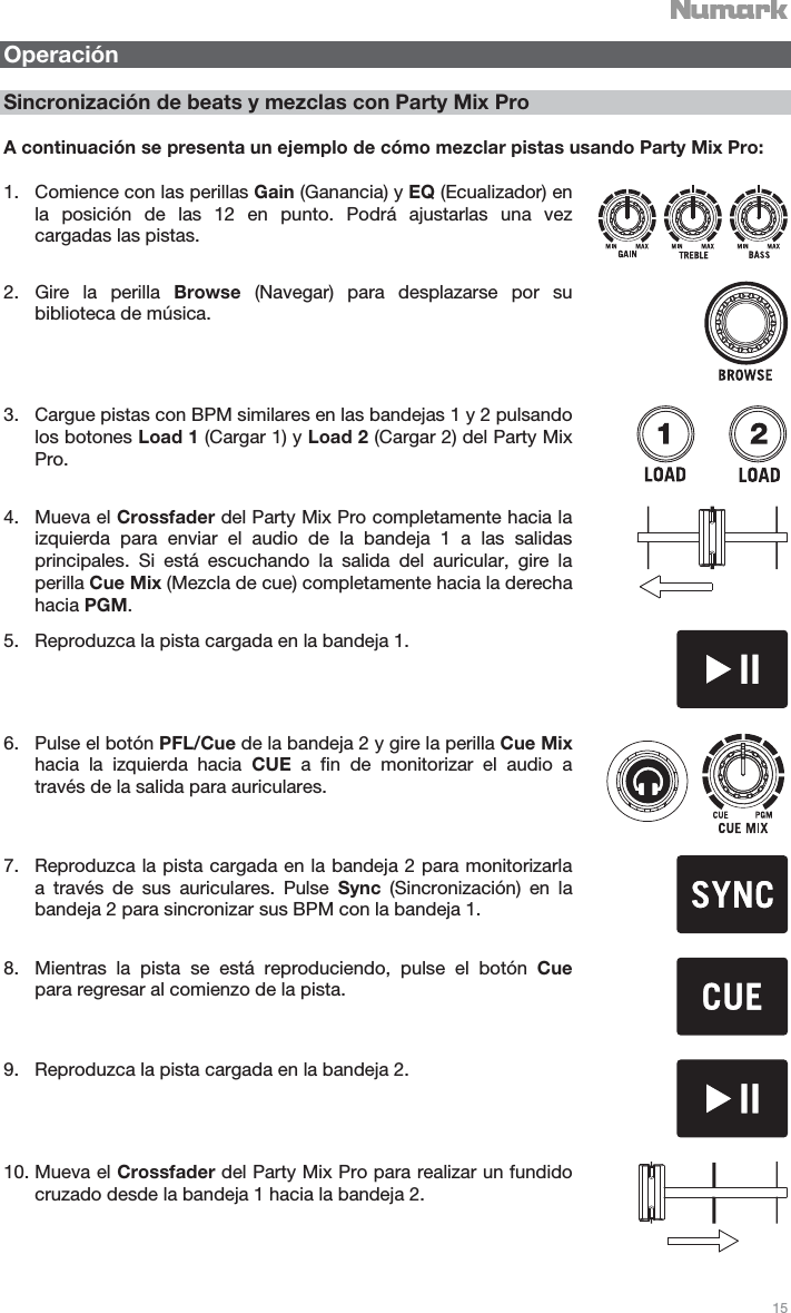   15   Operación  Sincronización de beats y mezclas con Party Mix Pro    A continuación se presenta un ejemplo de cómo mezclar pistas usando Party Mix Pro:  1. Comience con las perillas Gain (Ganancia) y EQ (Ecualizador) en la posición de las 12 en punto. Podrá ajustarlas una vez cargadas las pistas.  2. Gire la perilla Browse (Navegar) para desplazarse por su biblioteca de música.  3. Cargue pistas con BPM similares en las bandejas 1 y 2 pulsando los botones Load 1 (Cargar 1) y Load 2 (Cargar 2) del Party Mix Pro.   4. Mueva el Crossfader del Party Mix Pro completamente hacia la izquierda para enviar el audio de la bandeja 1 a las salidas principales. Si está escuchando la salida del auricular, gire la perilla Cue Mix (Mezcla de cue) completamente hacia la derecha hacia PGM.   5. Reproduzca la pista cargada en la bandeja 1.  6. Pulse el botón PFL/Cue de la bandeja 2 y gire la perilla Cue Mix hacia la izquierda hacia CUE a fin de monitorizar el audio a través de la salida para auriculares.   7. Reproduzca la pista cargada en la bandeja 2 para monitorizarla a través de sus auriculares. Pulse Sync (Sincronización) en la bandeja 2 para sincronizar sus BPM con la bandeja 1.   8. Mientras la pista se está reproduciendo, pulse el botón Cue para regresar al comienzo de la pista.   9. Reproduzca la pista cargada en la bandeja 2.  10. Mueva el Crossfader del Party Mix Pro para realizar un fundido cruzado desde la bandeja 1 hacia la bandeja 2.  
