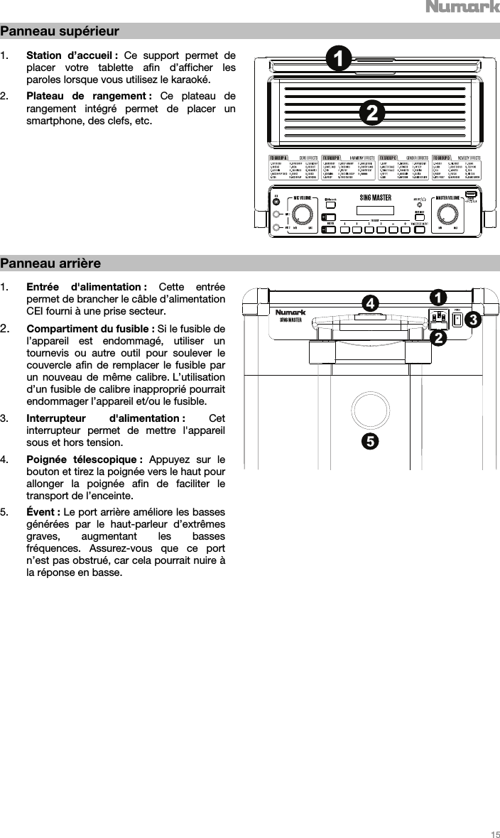   15   Panneau supérieur  1. Station d’accueil : Ce support permet de placer votre tablette afin d’afficher les paroles lorsque vous utilisez le karaoké.   2. Plateau de rangement : Ce plateau de rangement intégré permet de placer un smartphone, des clefs, etc.                Panneau arrière  1. Entrée d&apos;alimentation : Cette entrée permet de brancher le câble d’alimentation CEI fourni à une prise secteur. 2. Compartiment du fusible : Si le fusible de l’appareil est endommagé, utiliser un tournevis ou autre outil pour soulever le couvercle afin de remplacer le fusible par un nouveau de même calibre. L’utilisation d’un fusible de calibre inapproprié pourrait endommager l’appareil et/ou le fusible. 3. Interrupteur d&apos;alimentation : Cet interrupteur permet de mettre l&apos;appareil sous et hors tension.  4. Poignée télescopique : Appuyez sur le bouton et tirez la poignée vers le haut pour allonger la poignée afin de faciliter le transport de l’enceinte.   5. Évent : Le port arrière améliore les basses générées par le haut-parleur d’extrêmes graves, augmentant les basses fréquences. Assurez-vous que ce port n’est pas obstrué, car cela pourrait nuire à la réponse en basse.                                        1213425