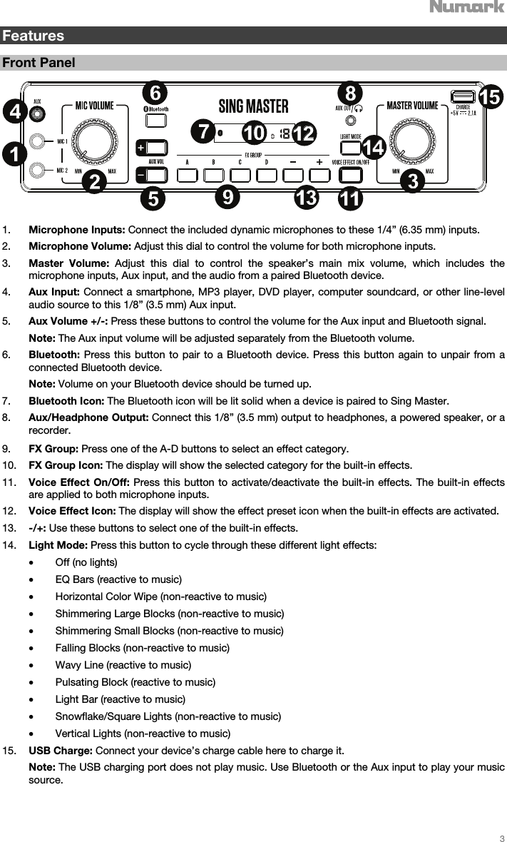   3   Features  Front Panel  1. Microphone Inputs: Connect the included dynamic microphones to these 1/4” (6.35 mm) inputs. 2. Microphone Volume: Adjust this dial to control the volume for both microphone inputs.  3. Master Volume: Adjust this dial to control the speaker’s main mix volume, which includes the microphone inputs, Aux input, and the audio from a paired Bluetooth device.    4. Aux Input: Connect a smartphone, MP3 player, DVD player, computer soundcard, or other line-level audio source to this 1/8” (3.5 mm) Aux input.  5. Aux Volume +/-: Press these buttons to control the volume for the Aux input and Bluetooth signal.  Note: The Aux input volume will be adjusted separately from the Bluetooth volume. 6. Bluetooth: Press this button to pair to a Bluetooth device. Press this button again to unpair from a connected Bluetooth device.   Note: Volume on your Bluetooth device should be turned up.  7. Bluetooth Icon: The Bluetooth icon will be lit solid when a device is paired to Sing Master.  8. Aux/Headphone Output: Connect this 1/8” (3.5 mm) output to headphones, a powered speaker, or a recorder.   9. FX Group: Press one of the A-D buttons to select an effect category.   10. FX Group Icon: The display will show the selected category for the built-in effects.  11. Voice Effect On/Off: Press this button to activate/deactivate the built-in effects. The built-in effects are applied to both microphone inputs.   12. Voice Effect Icon: The display will show the effect preset icon when the built-in effects are activated.    13. -/+: Use these buttons to select one of the built-in effects.  14. Light Mode: Press this button to cycle through these different light effects:  • Off (no lights)   • EQ Bars (reactive to music) • Horizontal Color Wipe (non-reactive to music)  • Shimmering Large Blocks (non-reactive to music) • Shimmering Small Blocks (non-reactive to music) • Falling Blocks (non-reactive to music) • Wavy Line (reactive to music) • Pulsating Block (reactive to music) • Light Bar (reactive to music) • Snowflake/Square Lights (non-reactive to music) • Vertical Lights (non-reactive to music) 15. USB Charge: Connect your device’s charge cable here to charge it. Note: The USB charging port does not play music. Use Bluetooth or the Aux input to play your music source.     141515867911111313523141410101212
