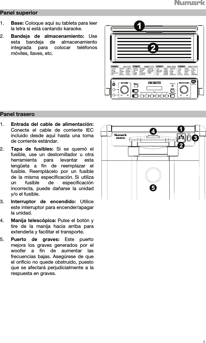   9   Panel superior  1. Base: Coloque aquí su tableta para leer la letra si está cantando karaoke. 2. Bandeja de almacenamiento: Use esta bandeja de almacenamiento integrada para colocar teléfonos móviles, llaves, etc.               Panel trasero  1. Entrada del cable de alimentación: Conecte el cable de corriente IEC incluido desde aquí hasta una toma de corriente estándar. 2. Tapa de fusibles: Si se quemó el fusible, use un destornillador u otra herramienta para levantar esta lengüeta a fin de reemplazar el fusible. Reemplácelo por un fusible de la misma especificación. Si utiliza un fusible de especificación incorrecta, puede dañarse la unidad y/o el fusible. 3. Interruptor de encendido: Utilice este interruptor para encender/apagar la unidad. 4. Manija telescópica: Pulse el botón y tire de la manija hacia arriba para extenderla y facilitar el transporte. 5. Puerto de graves: Este puerto mejora los graves generados por el woofer a fin de aumentar las frecuencias bajas. Asegúrese de que el orificio no quede obstruido, puesto que se afectará perjudicialmente a la respuesta en graves.                        1213425