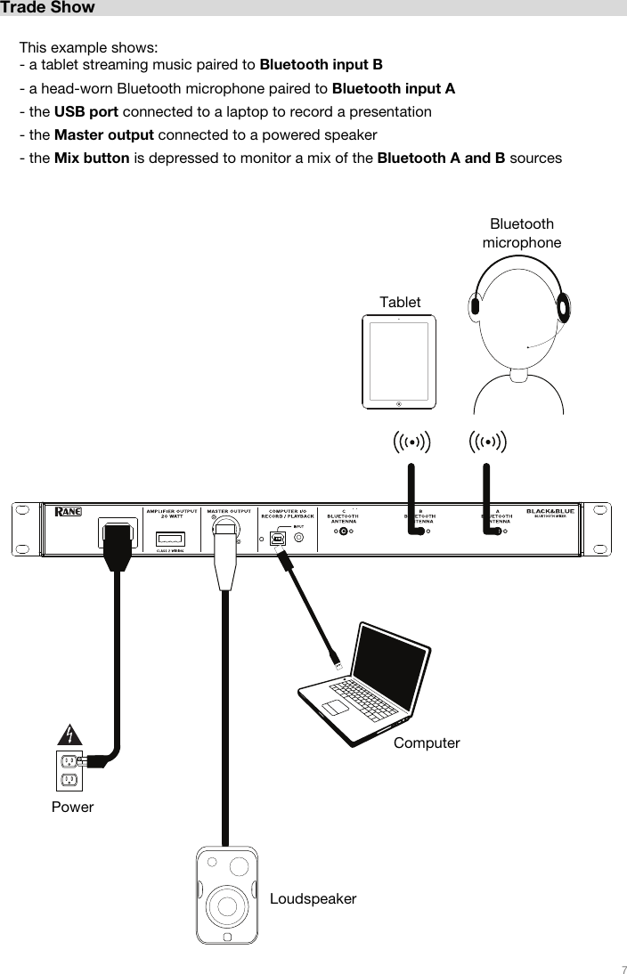   7   Trade Show              This example shows: - a tablet streaming music paired to Bluetooth input B - a head-worn Bluetooth microphone paired to Bluetooth input A - the USB port connected to a laptop to record a presentation - the Master output connected to a powered speaker - the Mix button is depressed to monitor a mix of the Bluetooth A and B sources  Loudspeaker Power Computer Tablet Bluetooth microphone 