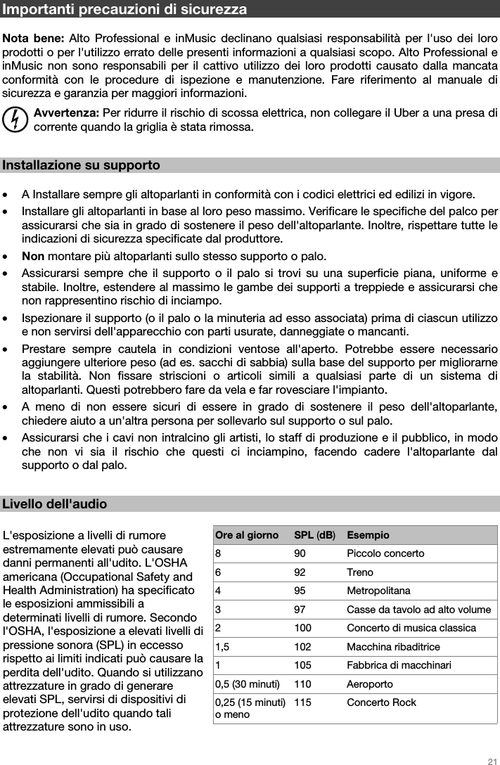   21   Importanti precauzioni di sicurezza  Nota bene: Alto Professional e inMusic declinano qualsiasi responsabilità per l&apos;uso dei loro prodotti o per l&apos;utilizzo errato delle presenti informazioni a qualsiasi scopo. Alto Professional e inMusic non sono responsabili per il cattivo utilizzo dei loro prodotti causato dalla mancata conformità con le procedure di ispezione e manutenzione. Fare riferimento al manuale di sicurezza e garanzia per maggiori informazioni. Avvertenza: Per ridurre il rischio di scossa elettrica, non collegare il Uber a una presa di corrente quando la griglia è stata rimossa.   Installazione su supporto  • A Installare sempre gli altoparlanti in conformità con i codici elettrici ed edilizi in vigore.  • Installare gli altoparlanti in base al loro peso massimo. Verificare le specifiche del palco per assicurarsi che sia in grado di sostenere il peso dell&apos;altoparlante. Inoltre, rispettare tutte le indicazioni di sicurezza specificate dal produttore. • Non montare più altoparlanti sullo stesso supporto o palo. • Assicurarsi sempre che il supporto o il palo si trovi su una superficie piana, uniforme e stabile. Inoltre, estendere al massimo le gambe dei supporti a treppiede e assicurarsi che non rappresentino rischio di inciampo. • Ispezionare il supporto (o il palo o la minuteria ad esso associata) prima di ciascun utilizzo e non servirsi dell&apos;apparecchio con parti usurate, danneggiate o mancanti. • Prestare sempre cautela in condizioni ventose all&apos;aperto. Potrebbe essere necessario aggiungere ulteriore peso (ad es. sacchi di sabbia) sulla base del supporto per migliorarne la stabilità. Non fissare striscioni o articoli simili a qualsiasi parte di un sistema di altoparlanti. Questi potrebbero fare da vela e far rovesciare l&apos;impianto. • A meno di non essere sicuri di essere in grado di sostenere il peso dell&apos;altoparlante, chiedere aiuto a un&apos;altra persona per sollevarlo sul supporto o sul palo. • Assicurarsi che i cavi non intralcino gli artisti, lo staff di produzione e il pubblico, in modo che non vi sia il rischio che questi ci inciampino, facendo cadere l&apos;altoparlante dal supporto o dal palo.   Livello dell&apos;audio  L&apos;esposizione a livelli di rumore estremamente elevati può causare danni permanenti all&apos;udito. L&apos;OSHA americana (Occupational Safety and Health Administration) ha specificato le esposizioni ammissibili a determinati livelli di rumore. Secondo l&apos;OSHA, l&apos;esposizione a elevati livelli di pressione sonora (SPL) in eccesso rispetto ai limiti indicati può causare la perdita dell&apos;udito. Quando si utilizzano attrezzature in grado di generare elevati SPL, servirsi di dispositivi di protezione dell&apos;udito quando tali attrezzature sono in uso. Ore al giorno SPL (dB)Esempio8 90 Piccolo concerto 6 92 Treno 4 95 Metropolitana 3  97  Casse da tavolo ad alto volume 2  100  Concerto di musica classica 1,5 102 Macchina ribaditrice 1 105 Fabbrica di macchinari 0,5 (30 minuti)  110  Aeroporto 0,25 (15 minuti) o meno 115 Concerto Rock     