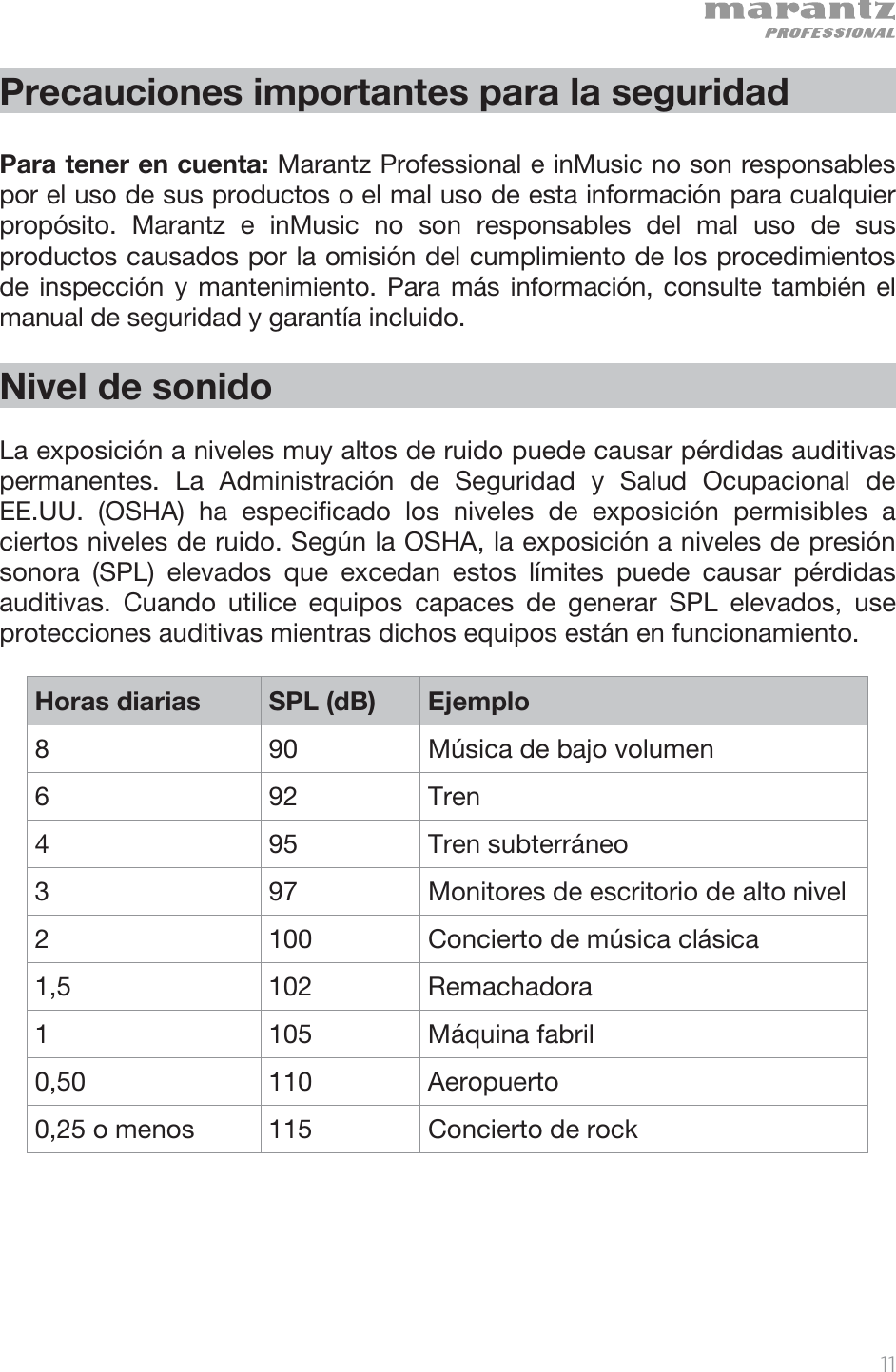   11   Precauciones importantes para la seguridad  Para tener en cuenta: Marantz Professional e inMusic no son responsables por el uso de sus productos o el mal uso de esta información para cualquier propósito. Marantz e inMusic no son responsables del mal uso de sus productos causados por la omisión del cumplimiento de los procedimientos de inspección y mantenimiento. Para más información, consulte también el manual de seguridad y garantía incluido.  Nivel de sonido  La exposición a niveles muy altos de ruido puede causar pérdidas auditivas permanentes. La Administración de Seguridad y Salud Ocupacional de EE.UU. (OSHA) ha especificado los niveles de exposición permisibles a ciertos niveles de ruido. Según la OSHA, la exposición a niveles de presión sonora (SPL) elevados que excedan estos límites puede causar pérdidas auditivas. Cuando utilice equipos capaces de generar SPL elevados, use protecciones auditivas mientras dichos equipos están en funcionamiento.  Horas diarias  SPL (dB) Ejemplo8  90  Música de bajo volumen 6 92 Tren 4 95 Tren subterráneo 3  97  Monitores de escritorio de alto nivel 2  100  Concierto de música clásica 1,5 102 Remachadora 1 105 Máquina fabril 0,50 110 Aeropuerto 0,25 o menos  115  Concierto de rock 