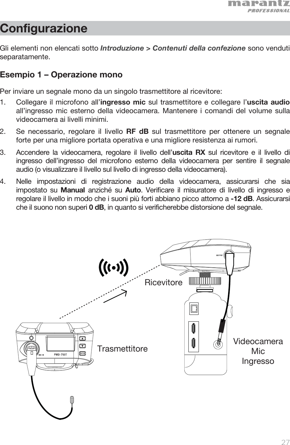   27   Configurazione  Gli elementi non elencati sotto Introduzione &gt; Contenuti della confezione sono venduti separatamente.  Esempio 1 – Operazione mono Per inviare un segnale mono da un singolo trasmettitore al ricevitore: 1. Collegare il microfono all’ingresso mic sul trasmettitore e collegare l’uscita audio all’ingresso mic esterno della videocamera. Mantenere i comandi del volume sulla videocamera ai livelli minimi.  2. Se necessario, regolare il livello RF dB sul trasmettitore per ottenere un segnale forte per una migliore portata operativa e una migliore resistenza ai rumori.  3. Accendere la videocamera, regolare il livello dell’uscita RX sul ricevitore e il livello di ingresso dell’ingresso del microfono esterno della videocamera per sentire il segnale audio (o visualizzare il livello sul livello di ingresso della videocamera).   4. Nelle impostazioni di registrazione audio della videocamera, assicurarsi che sia impostato su Manual  anziché su Auto. Verificare il misuratore di livello di ingresso e regolare il livello in modo che i suoni più forti abbiano picco attorno a -12 dB. Assicurarsi che il suono non superi 0 dB, in quanto si verificherebbe distorsione del segnale.                         RicevitoreTrasmettitore Videocamera  Mic  Ingresso