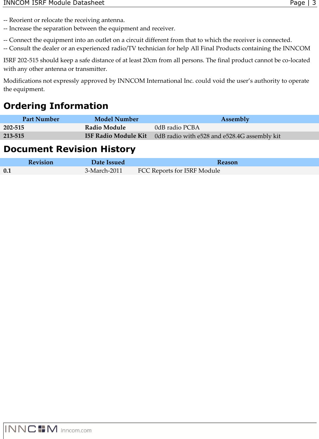 INNCOM I5RF Module Datasheet    Page | 3   -- Reorient or relocate the receiving antenna. -- Increase the separation between the equipment and receiver.  -- Connect the equipment into an outlet on a circuit different from that to which the receiver is connected. -- Consult the dealer or an experienced radio/TV technician for help All Final Products containing the INNCOM  I5RF 202-515 should keep a safe distance of at least 20cm from all persons. The final product cannot be co-located with any other antenna or transmitter.  Modifications not expressly approved by INNCOM International Inc. could void the user’s authority to operate the equipment.  Ordering Information Part Number Model Number Assembly 202-515 Radio Module 0dB radio PCBA  213-515 I5F Radio Module Kit 0dB radio with e528 and e528.4G assembly kit Document Revision History Revision Date Issued  Reason 0.1 3-March-2011 FCC Reports for I5RF Module  