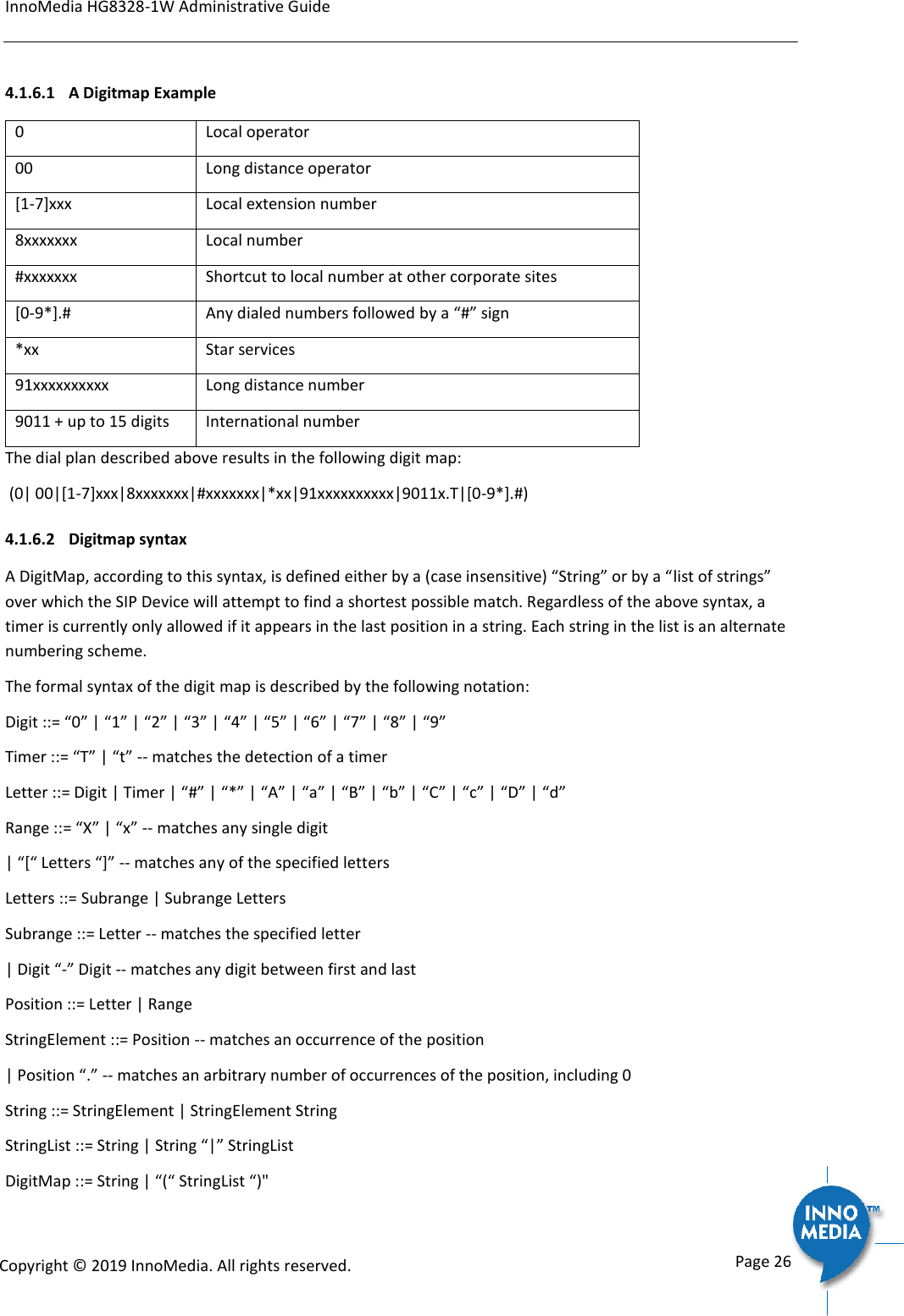 InnoMedia HG8328-1W Administrative Guide      Page 26            Copyright &copy; 2019 InnoMedia. All rights reserved.         4.1.6.1 A Digitmap Example 0 Local operator 00 Long distance operator [1-7]xxx Local extension number 8xxxxxxx Local number #xxxxxxx Shortcut to local number at other corporate sites [0-9*].# Any dialed numbers followed by a &ldquo;#&rdquo; sign *xx Star services 91xxxxxxxxxx Long distance number 9011 + up to 15 digits International number The dial plan described above results in the following digit map:  (0| 00|[1-7]xxx|8xxxxxxx|#xxxxxxx|*xx|91xxxxxxxxxx|9011x.T|[0-9*].#) 4.1.6.2 Digitmap syntax A DigitMap, according to this syntax, is defined either by a (case insensitive) &ldquo;String&rdquo; or by a &ldquo;list of strings&rdquo; over which the SIP Device will attempt to find a shortest possible match. Regardless of the above syntax, a timer is currently only allowed if it appears in the last position in a string. Each string in the list is an alternate numbering scheme. The formal syntax of the digit map is described by the following notation:  Digit ::= &ldquo;0&rdquo; | &ldquo;1&rdquo; | &ldquo;2&rdquo; | &ldquo;3&rdquo; | &ldquo;4&rdquo; | &ldquo;5&rdquo; | &ldquo;6&rdquo; | &ldquo;7&rdquo; | &ldquo;8&rdquo; | &ldquo;9&rdquo;  Timer ::= &ldquo;T&rdquo; | &ldquo;t&rdquo; -- matches the detection of a timer  Letter ::= Digit | Timer | &ldquo;#&rdquo; | &ldquo;*&rdquo; | &ldquo;A&rdquo; | &ldquo;a&rdquo; | &ldquo;B&rdquo; | &ldquo;b&rdquo; | &ldquo;C&rdquo; | &ldquo;c&rdquo; | &ldquo;D&rdquo; | &ldquo;d&rdquo;  Range ::= &ldquo;X&rdquo; | &ldquo;x&rdquo; -- matches any single digit  | &ldquo;[&ldquo; Letters &ldquo;]&rdquo; -- matches any of the specified letters  Letters ::= Subrange | Subrange Letters  Subrange ::= Letter -- matches the specified letter  | Digit &ldquo;-&rdquo; Digit -- matches any digit between first and last  Position ::= Letter | Range  StringElement ::= Position -- matches an occurrence of the position  | Position &ldquo;.&rdquo; -- matches an arbitrary number of occurrences of the position, including 0  String ::= StringElement | StringElement String  StringList ::= String | String &ldquo;|&rdquo; StringList  DigitMap ::= String | &ldquo;(&ldquo; StringList &ldquo;)"  
