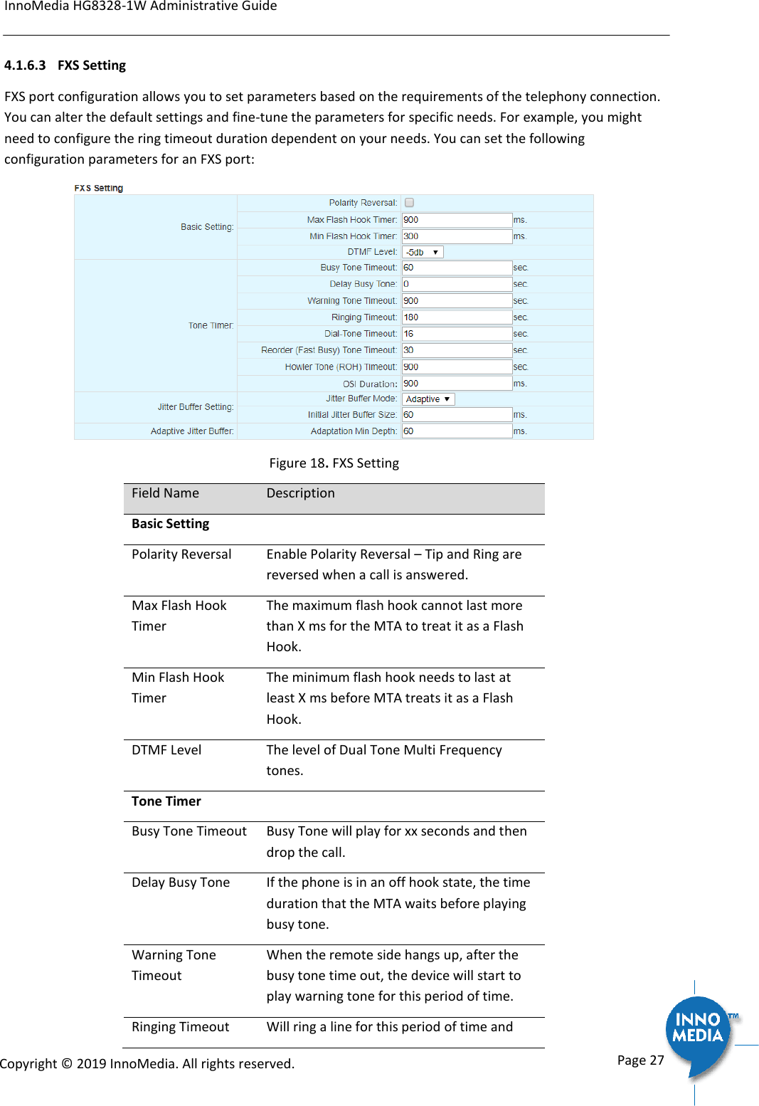 InnoMedia HG8328-1W Administrative Guide      Page 27            Copyright &copy; 2019 InnoMedia. All rights reserved.         4.1.6.3 FXS Setting FXS port configuration allows you to set parameters based on the requirements of the telephony connection. You can alter the default settings and fine-tune the parameters for specific needs. For example, you might need to configure the ring timeout duration dependent on your needs. You can set the following configuration parameters for an FXS port:  Figure 18. FXS Setting Field Name Description Basic Setting  Polarity Reversal Enable Polarity Reversal &ndash; Tip and Ring are reversed when a call is answered. Max Flash Hook Timer The maximum flash hook cannot last more than X ms for the MTA to treat it as a Flash Hook. Min Flash Hook Timer The minimum flash hook needs to last at least X ms before MTA treats it as a Flash Hook. DTMF Level The level of Dual Tone Multi Frequency tones. Tone Timer  Busy Tone Timeout Busy Tone will play for xx seconds and then drop the call. Delay Busy Tone If the phone is in an off hook state, the time duration that the MTA waits before playing busy tone. Warning Tone Timeout When the remote side hangs up, after the busy tone time out, the device will start to play warning tone for this period of time. Ringing Timeout Will ring a line for this period of time and 