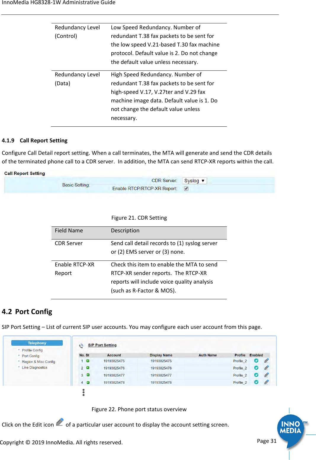 InnoMedia HG8328-1W Administrative Guide      Page 31            Copyright &copy; 2019 InnoMedia. All rights reserved.         Redundancy Level (Control) Low Speed Redundancy. Number of redundant T.38 fax packets to be sent for the low speed V.21-based T.30 fax machine protocol. Default value is 2. Do not change the default value unless necessary. Redundancy Level (Data) High Speed Redundancy. Number of redundant T.38 fax packets to be sent for high-speed V.17, V.27ter and V.29 fax machine image data. Default value is 1. Do not change the default value unless necessary. 4.1.9  Call Report Setting Configure Call Detail report setting. When a call terminates, the MTA will generate and send the CDR details of the terminated phone call to a CDR server.  In addition, the MTA can send RTCP-XR reports within the call.   Figure 21. CDR Setting Field Name Description CDR Server Send call detail records to (1) syslog server or (2) EMS server or (3) none. Enable RTCP-XR Report Check this item to enable the MTA to send RTCP-XR sender reports.  The RTCP-XR reports will include voice quality analysis (such as R-Factor &amp; MOS). 4.2 Port Config SIP Port Setting &ndash; List of current SIP user accounts. You may configure each user account from this page.  Figure 22. Phone port status overview Click on the Edit icon   of a particular user account to display the account setting screen. 
