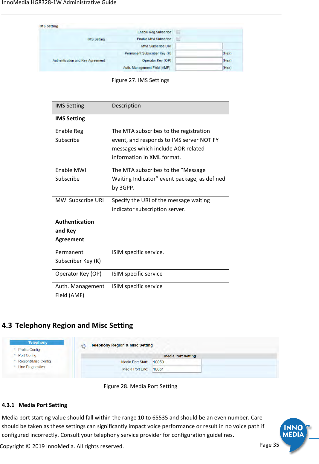 InnoMedia HG8328-1W Administrative Guide      Page 35            Copyright &copy; 2019 InnoMedia. All rights reserved.          Figure 27. IMS Settings  IMS Setting Description IMS Setting  Enable Reg Subscribe The MTA subscribes to the registration event, and responds to IMS server NOTIFY messages which include AOR related information in XML format. Enable MWI Subscribe The MTA subscribes to the &ldquo;Message Waiting Indicator&rdquo; event package, as defined by 3GPP.  MWI Subscribe URI Specify the URI of the message waiting indicator subscription server.  Authentication and Key Agreement   Permanent Subscriber Key (K) ISIM specific service. Operator Key (OP) ISIM specific service Auth. Management Field (AMF) ISIM specific service  4.3 Telephony Region and Misc Setting  Figure 28. Media Port Setting 4.3.1 Media Port Setting Media port starting value should fall within the range 10 to 65535 and should be an even number. Care should be taken as these settings can significantly impact voice performance or result in no voice path if configured incorrectly. Consult your telephony service provider for configuration guidelines. 