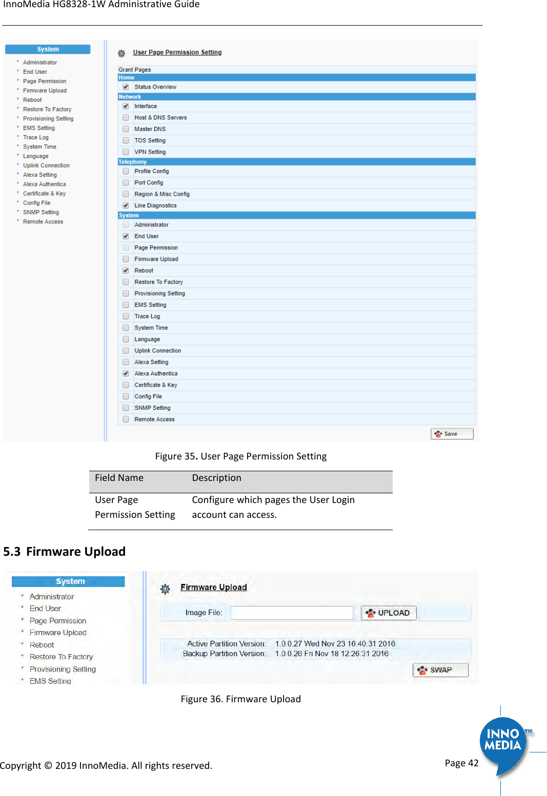 InnoMedia HG8328-1W Administrative Guide      Page 42            Copyright &copy; 2019 InnoMedia. All rights reserved.          Figure 35. User Page Permission Setting Field Name Description User Page Permission Setting Configure which pages the User Login account can access. 5.3 Firmware Upload  Figure 36. Firmware Upload  