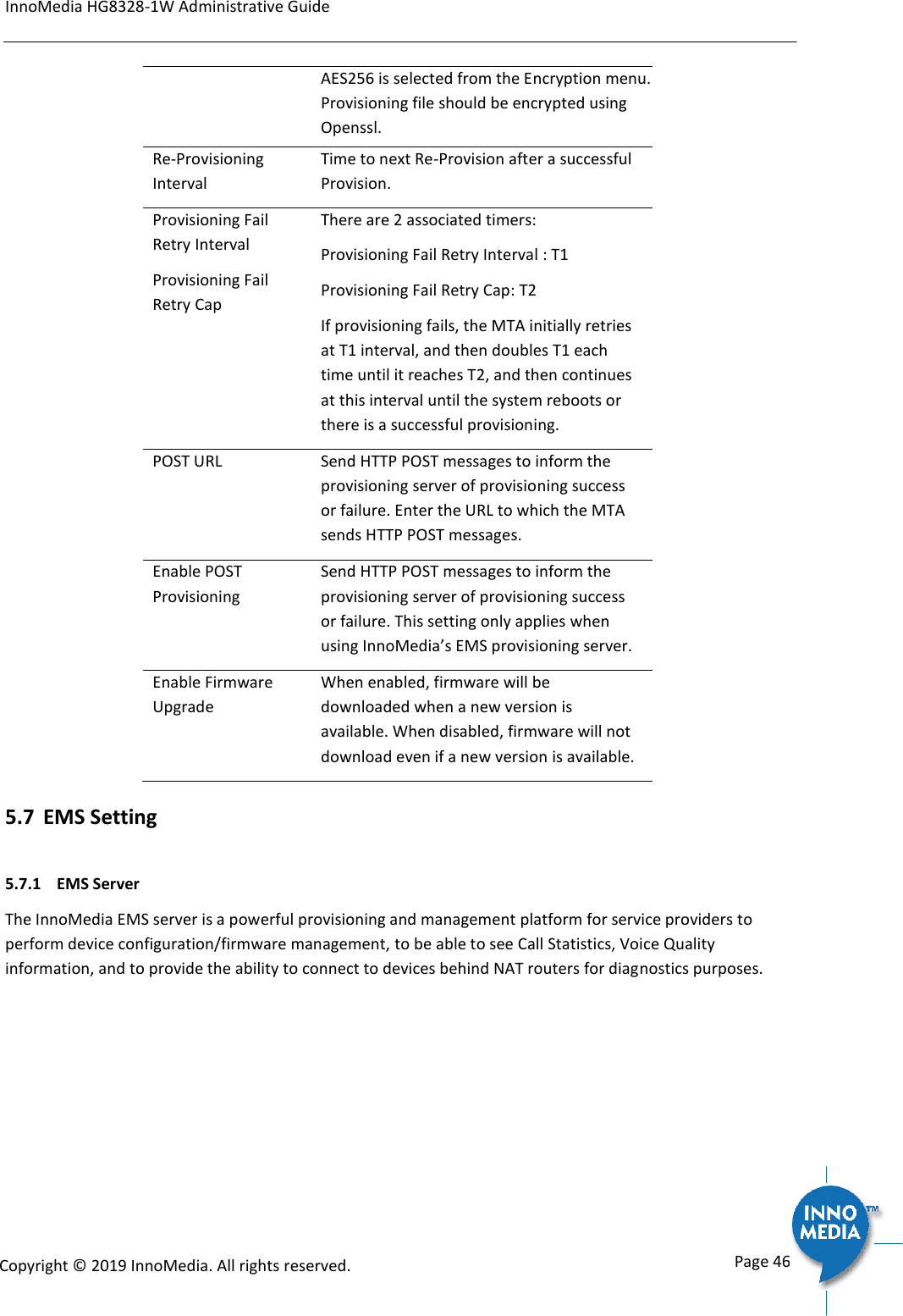 InnoMedia HG8328-1W Administrative Guide      Page 46            Copyright &copy; 2019 InnoMedia. All rights reserved.         AES256 is selected from the Encryption menu. Provisioning file should be encrypted using Openssl.  Re-Provisioning Interval Time to next Re-Provision after a successful Provision.  Provisioning Fail Retry Interval Provisioning Fail Retry Cap There are 2 associated timers: Provisioning Fail Retry Interval : T1 Provisioning Fail Retry Cap: T2 If provisioning fails, the MTA initially retries at T1 interval, and then doubles T1 each time until it reaches T2, and then continues at this interval until the system reboots or there is a successful provisioning. POST URL Send HTTP POST messages to inform the provisioning server of provisioning success or failure. Enter the URL to which the MTA sends HTTP POST messages. Enable POST Provisioning Send HTTP POST messages to inform the provisioning server of provisioning success or failure. This setting only applies when using InnoMedia&rsquo;s EMS provisioning server. Enable Firmware Upgrade When enabled, firmware will be downloaded when a new version is available. When disabled, firmware will not download even if a new version is available. 5.7 EMS Setting 5.7.1  EMS Server The InnoMedia EMS server is a powerful provisioning and management platform for service providers to perform device configuration/firmware management, to be able to see Call Statistics, Voice Quality information, and to provide the ability to connect to devices behind NAT routers for diagnostics purposes. 