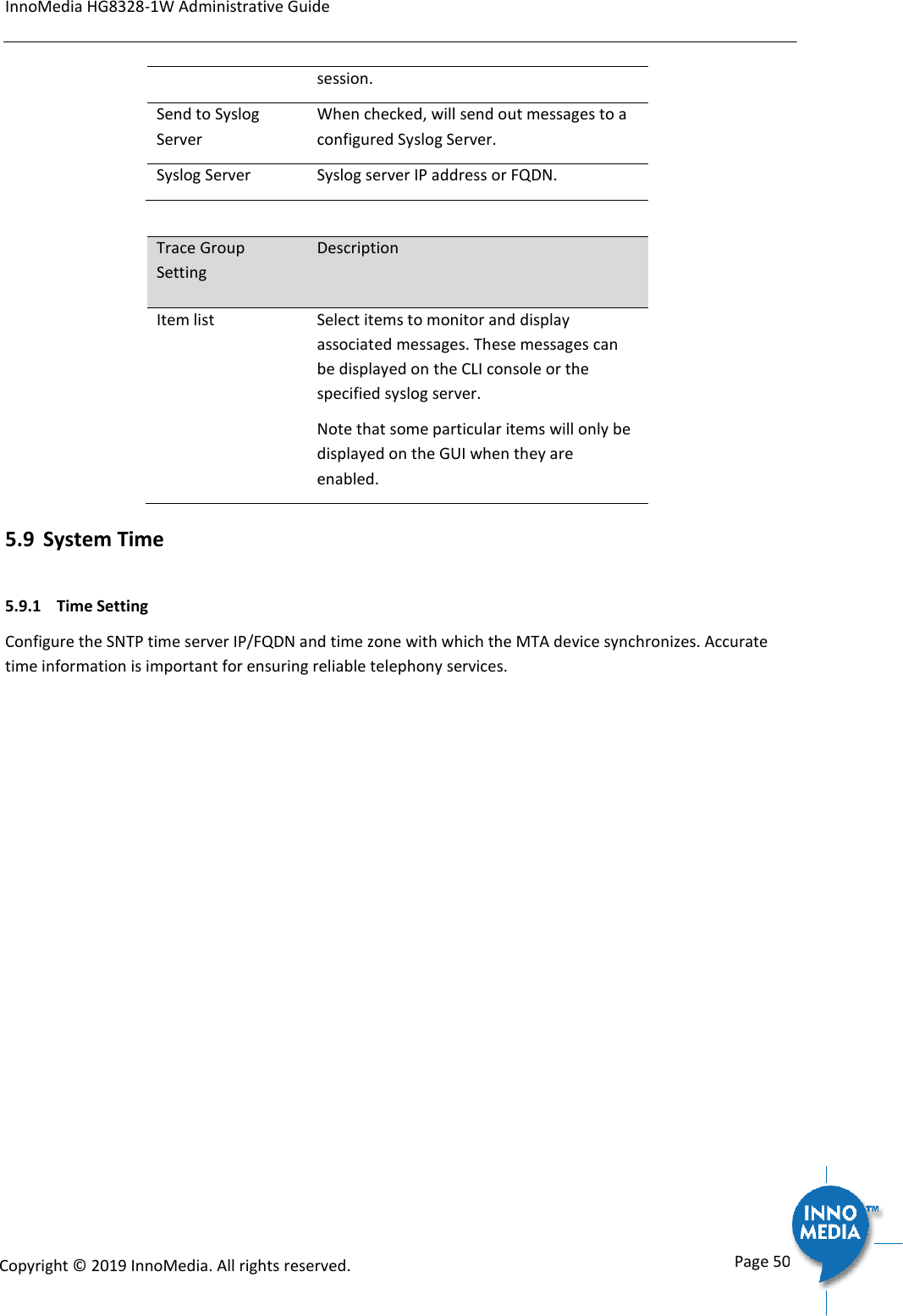 InnoMedia HG8328-1W Administrative Guide      Page 50            Copyright &copy; 2019 InnoMedia. All rights reserved.         session. Send to Syslog Server When checked, will send out messages to a configured Syslog Server. Syslog Server Syslog server IP address or FQDN.  Trace Group Setting Description  Item list Select items to monitor and display associated messages. These messages can be displayed on the CLI console or the specified syslog server. Note that some particular items will only be displayed on the GUI when they are enabled. 5.9 System Time 5.9.1  Time Setting Configure the SNTP time server IP/FQDN and time zone with which the MTA device synchronizes. Accurate time information is important for ensuring reliable telephony services.  