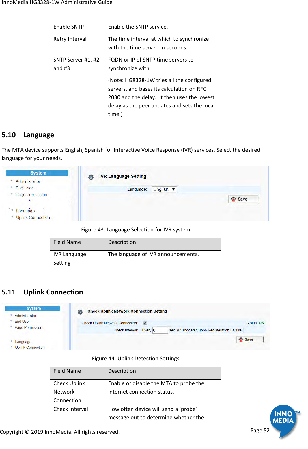 InnoMedia HG8328-1W Administrative Guide      Page 52            Copyright &copy; 2019 InnoMedia. All rights reserved.         Enable SNTP Enable the SNTP service. Retry Interval The time interval at which to synchronize with the time server, in seconds.  SNTP Server #1, #2, and #3 FQDN or IP of SNTP time servers to synchronize with. (Note: HG8328-1W tries all the configured servers, and bases its calculation on RFC 2030 and the delay.  It then uses the lowest delay as the peer updates and sets the local time.) 5.10 Language The MTA device supports English, Spanish for Interactive Voice Response (IVR) services. Select the desired language for your needs.  Figure 43. Language Selection for IVR system Field Name Description IVR Language Setting The language of IVR announcements.  5.11 Uplink Connection  Figure 44. Uplink Detection Settings Field Name Description Check Uplink Network Connection Enable or disable the MTA to probe the internet connection status. Check Interval How often device will send a &lsquo;probe&rsquo; message out to determine whether the 