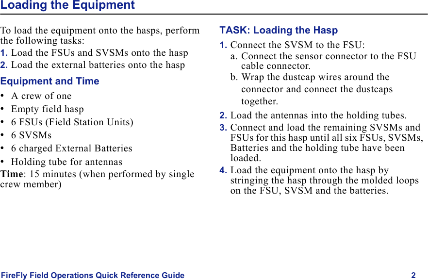 FireFly Field Operations Quick Reference Guide 2Draft  Uncontrolled ReleaseLoading the Equipment To load the equipment onto the hasps, perform the following tasks:1. Load the FSUs and SVSMs onto the hasp2. Load the external batteries onto the haspEquipment and Time•A crew of one•Empty field hasp•6 FSUs (Field Station Units)•6 SVSMs•6 charged External Batteries•Holding tube for antennasTime: 15 minutes (when performed by single crew member)TASK: Loading the Hasp1. Connect the SVSM to the FSU:a. Connect the sensor connector to the FSU cable connector.b. Wrap the dustcap wires around the connector and connect the dustcaps together.2. Load the antennas into the holding tubes.3. Connect and load the remaining SVSMs and FSUs for this hasp until all six FSUs, SVSMs,  Batteries and the holding tube have been loaded.4. Load the equipment onto the hasp by stringing the hasp through the molded loops on the FSU, SVSM and the batteries.