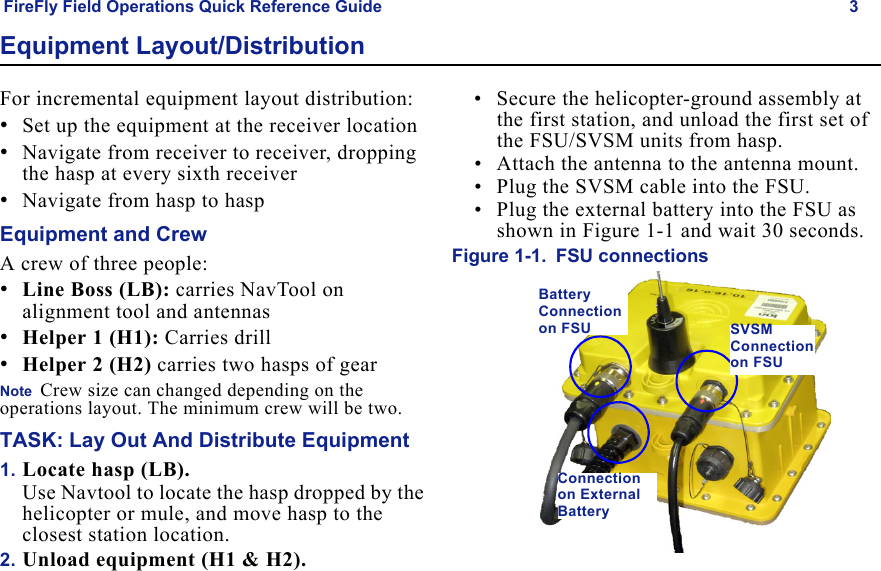 FireFly Field Operations Quick Reference Guide 3Draft  Uncontrolled ReleaseEquipment Layout/DistributionFor incremental equipment layout distribution:•Set up the equipment at the receiver location•Navigate from receiver to receiver, dropping the hasp at every sixth receiver•Navigate from hasp to haspEquipment and CrewA crew of three people:•Line Boss (LB): carries NavTool on alignment tool and antennas•Helper 1 (H1): Carries drill•Helper 2 (H2) carries two hasps of gearNote  Crew size can changed depending on the operations layout. The minimum crew will be two.TASK: Lay Out And Distribute Equipment1. Locate hasp (LB).Use Navtool to locate the hasp dropped by the helicopter or mule, and move hasp to the closest station location.2. Unload equipment (H1 & H2).• Secure the helicopter-ground assembly at the first station, and unload the first set of the FSU/SVSM units from hasp. • Attach the antenna to the antenna mount.• Plug the SVSM cable into the FSU.• Plug the external battery into the FSU as shown in Figure 1-1 and wait 30 seconds.Figure 1-1. FSU connectionsSVSM Connection on FSUBattery Connection on FSUConnection on External Battery
