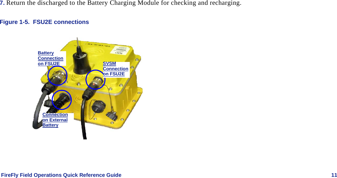    FireFly Field Operations Quick Reference Guide   11 7. Return the discharged to the Battery Charging Module for checking and recharging.  Figure 1-5.  FSU2E connections  SVSMConnectionon FSU2EBattery Connectionon FSU2EConnectionon ExternalBattery 