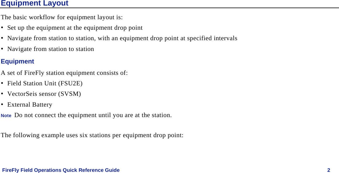    FireFly Field Operations Quick Reference Guide   2 Equipment Layout The basic workflow for equipment layout is: • Set up the equipment at the equipment drop point • Navigate from station to station, with an equipment drop point at specified intervals • Navigate from station to station Equipment A set of FireFly station equipment consists of: • Field Station Unit (FSU2E) • VectorSeis sensor (SVSM) • External Battery Note  Do not connect the equipment until you are at the station.  The following example uses six stations per equipment drop point: 