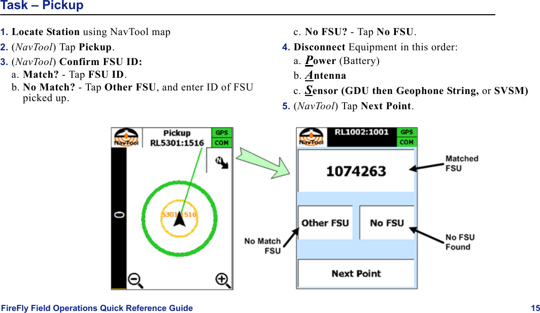 FireFly Field Operations Quick Reference Guide 15Task – Pickup1. Locate Station using NavTool map2. (NavTool) Tap Pickup.3. (NavTool) Confirm FSU ID:a. Match? - Tap FSU ID.b. No Match? - Tap Other FSU, and enter ID of FSU picked up.c. No FSU? - Tap No FSU.4. Disconnect Equipment in this order:a. Power (Battery)b. Antennac. Sensor (GDU then Geophone String, or SVSM)5. (NavTool) Tap Next Point.