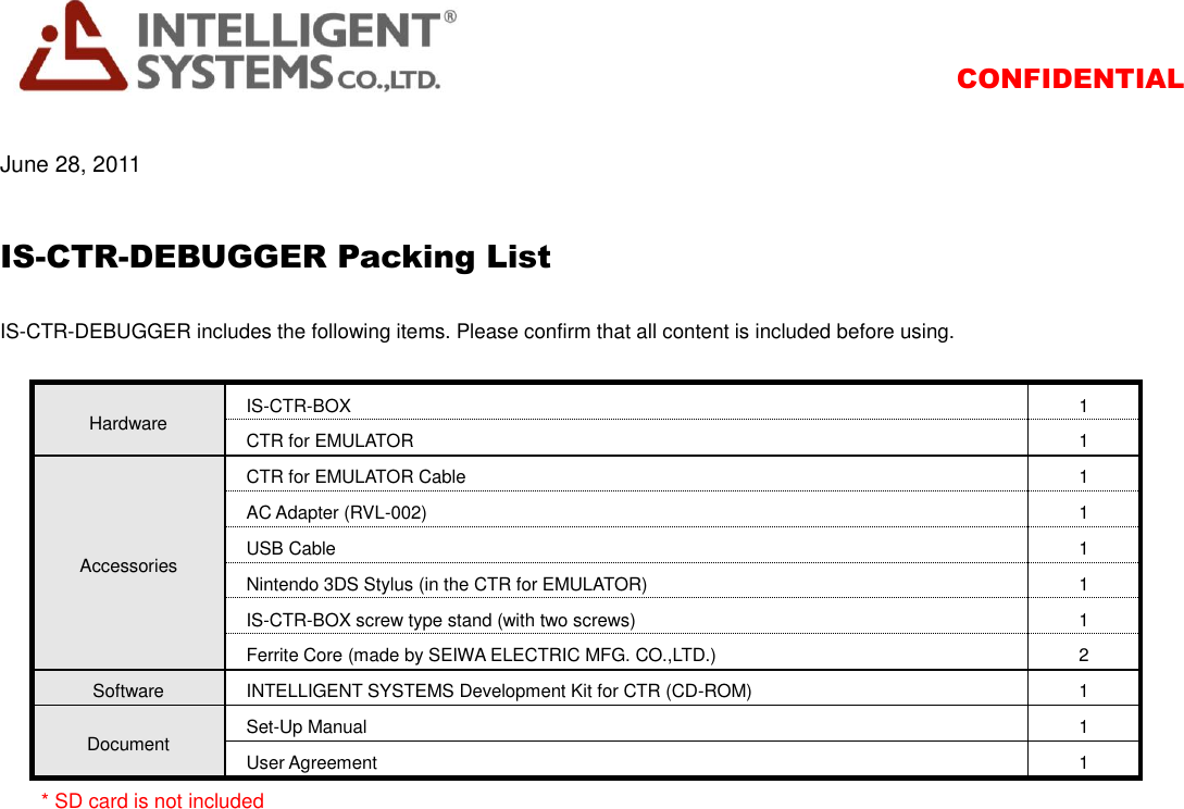 CONFIDENTIAL  June 28, 2011  IS-CTR-DEBUGGER Packing List  IS-CTR-DEBUGGER includes the following items. Please confirm that all content is included before using.  Hardware  IS-CTR-BOX 1   CTR for EMULATOR 1 Accessories   CTR for EMULATOR Cable 1   AC Adapter (RVL-002) 1   USB Cable 1   Nintendo 3DS Stylus (in the CTR for EMULATOR) 1  IS-CTR-BOX screw type stand (with two screws) 1  Ferrite Core (made by SEIWA ELECTRIC MFG. CO.,LTD.) 2 Software   INTELLIGENT SYSTEMS Development Kit for CTR (CD-ROM) 1 Document   Set-Up Manual 1   User Agreement 1     * SD card is not included    