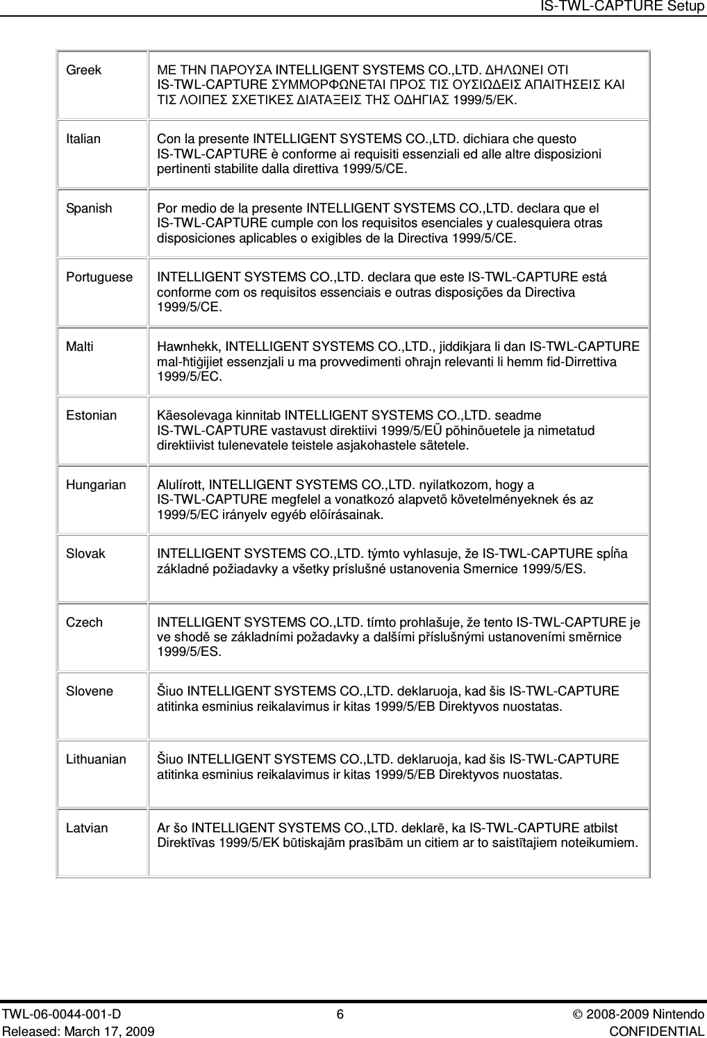 IS-TWL-CAPTURE SetupTWL-06-0044-001-D 6  2008-2009 NintendoReleased: March 17, 2009 CONFIDENTIALGreek    INTELLIGENT SYSTEMS CO.,LTD.   IS-TWL-CAPTURE             1999/5/.Italian Con la presente INTELLIGENT SYSTEMS CO.,LTD. dichiara che questoIS-TWL-CAPTURE &egrave; conforme ai requisiti essenziali ed alle altre disposizionipertinenti stabilite dalla direttiva 1999/5/CE.Spanish Por medio de la presente INTELLIGENT SYSTEMS CO.,LTD. declara que elIS-TWL-CAPTURE cumple con los requisitos esenciales y cualesquiera otrasdisposiciones aplicables o exigibles de la Directiva 1999/5/CE.Portuguese INTELLIGENT SYSTEMS CO.,LTD. declara que este IS-TWL-CAPTURE est&aacute;conforme com os requisitos essenciais e outras disposi&ccedil;&otilde;es da Directiva1999/5/CE.Malti Hawnhekk, INTELLIGENT SYSTEMS CO.,LTD., jiddikjara li dan IS-TWL-CAPTUREmal-tiijiet essenzjali u ma provvedimenti orajn relevanti li hemm fid-Dirrettiva1999/5/EC.Estonian K&auml;esolevaga kinnitab INTELLIGENT SYSTEMS CO.,LTD. seadmeIS-TWL-CAPTURE vastavust direktiivi 1999/5/E&Uuml; p&otilde;hin&otilde;uetele ja nimetatuddirektiivist tulenevatele teistele asjakohastele s&auml;tetele.Hungarian Alul&iacute;rott, INTELLIGENT SYSTEMS CO.,LTD. nyilatkozom, hogy aIS-TWL-CAPTURE megfelel a vonatkoz&oacute; alapvet&otilde; k&ouml;vetelm&eacute;nyeknek &eacute;s az1999/5/EC ir&aacute;nyelv egy&eacute;b el&otilde;&iacute;r&aacute;sainak.Slovak INTELLIGENT SYSTEMS CO.,LTD. t&yacute;mto vyhlasuje, že IS-TWL-CAPTURE spaz&aacute;kladn&eacute; požiadavky a v&scaron;etky pr&iacute;slu&scaron;n&eacute; ustanovenia Smernice 1999/5/ES.Czech INTELLIGENT SYSTEMS CO.,LTD. t&iacute;mto prohla&scaron;uje, že tento IS-TWL-CAPTURE jeve shodse z&aacute;kladn&iacute;mi požadavky a dal&scaron;&iacute;mi p&iacute;slu&scaron;n&yacute;mi ustanoven&iacute;mi smrnice1999/5/ES.Slovene &Scaron;iuo INTELLIGENT SYSTEMS CO.,LTD. deklaruoja, kad &scaron;is IS-TWL-CAPTUREatitinka esminius reikalavimus ir kitas 1999/5/EB Direktyvos nuostatas.Lithuanian &Scaron;iuo INTELLIGENT SYSTEMS CO.,LTD. deklaruoja, kad &scaron;is IS-TWL-CAPTUREatitinka esminius reikalavimus ir kitas 1999/5/EB Direktyvos nuostatas.Latvian Ar &scaron;o INTELLIGENT SYSTEMS CO.,LTD. deklar, ka IS-TWL-CAPTURE atbilstDirektvas 1999/5/EK btiskajm prasbm un citiem ar to saisttajiem noteikumiem.