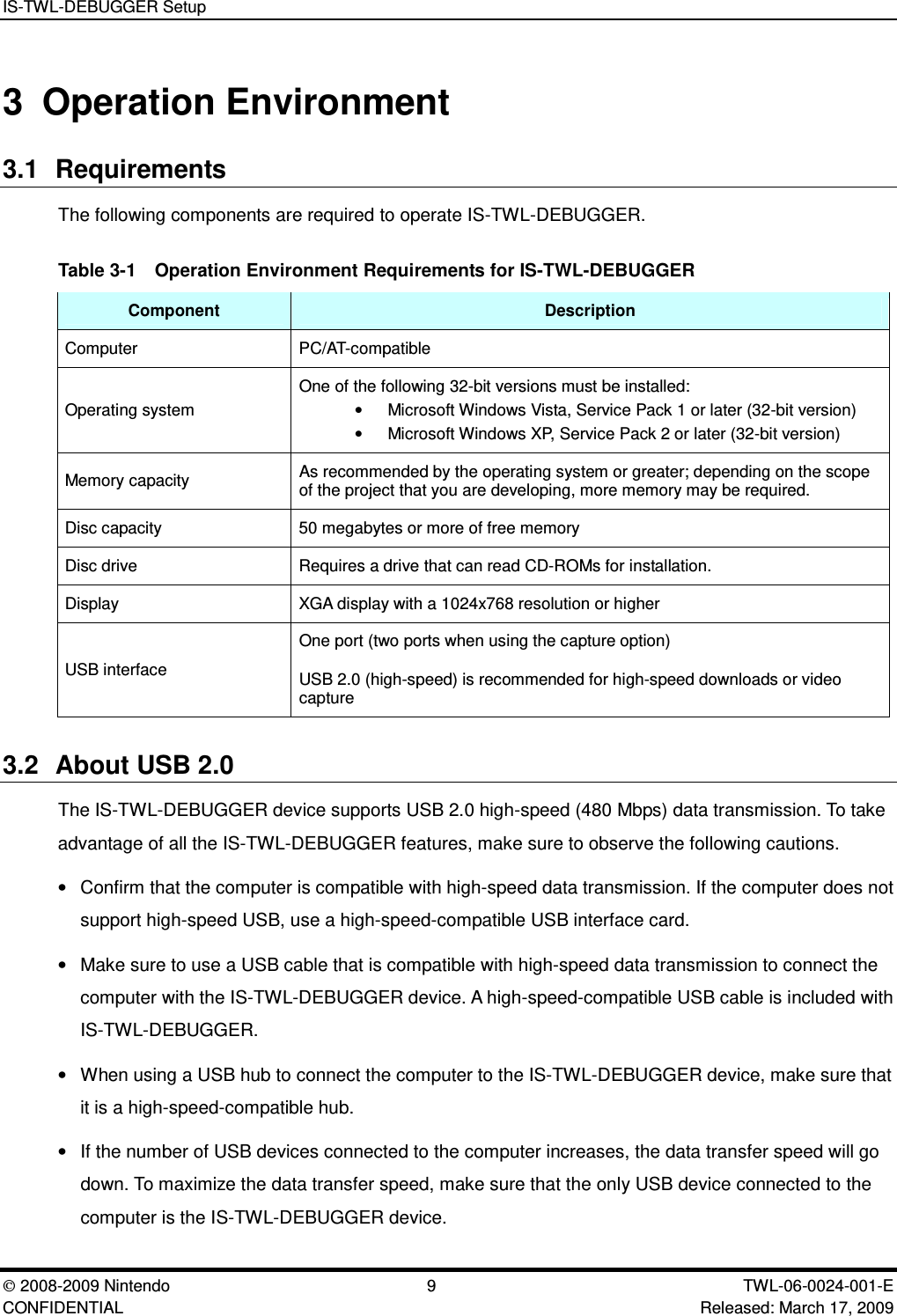 IS-TWL-DEBUGGER Setup2008-2009 Nintendo 9 TWL-06-0024-001-E CONFIDENTIAL Released: March 17, 20093 Operation Environment3.1 RequirementsThe following components are required to operate IS-TWL-DEBUGGER.Table 3-1  Operation Environment Requirements for IS-TWL-DEBUGGERComponent DescriptionComputer PC/AT-compatibleOperating systemOne of the following 32-bit versions must be installed:&bull;Microsoft Windows Vista, Service Pack 1 or later (32-bit version)&bull;Microsoft Windows XP, Service Pack 2 or later (32-bit version)Memory capacity As recommended by the operating system or greater; depending on the scopeof the project that you are developing, more memory may be required.Disc capacity 50 megabytes or more of free memoryDisc drive Requires a drive that can read CD-ROMs for installation.Display XGA display with a 1024x768 resolution or higherUSB interfaceOne port (two ports when using the capture option)USB 2.0 (high-speed) is recommended for high-speed downloads or videocapture3.2 About USB 2.0The IS-TWL-DEBUGGER device supports USB 2.0 high-speed (480 Mbps) data transmission. To takeadvantage of all the IS-TWL-DEBUGGER features, make sure to observe the following cautions.&bull;Confirm that the computer is compatible with high-speed data transmission. If the computer does notsupport high-speed USB, use a high-speed-compatible USB interface card.&bull;Make sure to use a USB cable that is compatible with high-speed data transmission to connect thecomputer with the IS-TWL-DEBUGGER device. A high-speed-compatible USB cable is included withIS-TWL-DEBUGGER.&bull;When using a USB hub to connect the computer to the IS-TWL-DEBUGGER device, make sure thatit is a high-speed-compatible hub.&bull;If the number of USB devices connected to the computer increases, the data transfer speed will godown. To maximize the data transfer speed, make sure that the only USB device connected to thecomputer is the IS-TWL-DEBUGGER device.