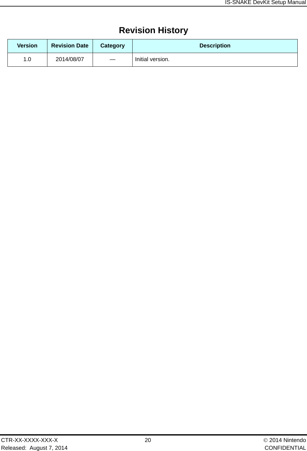  IS-SNAKE DevKit Setup Manual CTR-XX-XXXX-XXX-X 20   2014 Nintendo Released:  August 7, 2014    CONFIDENTIAL Revision History Version  Revision Date  Category  Description 1.0 2014/08/07  &mdash; Initial version.  