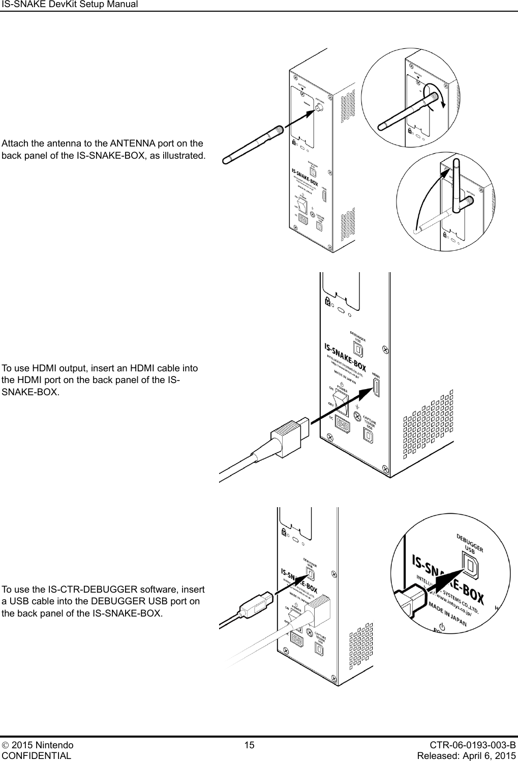 IS-SNAKE DevKit Setup Manual    2015 Nintendo 15 CTR-06-0193-003-B CONFIDENTIAL    Released: April 6, 2015 Attach the antenna to the ANTENNA port on the back panel of the IS-SNAKE-BOX, as illustrated.  To use HDMI output, insert an HDMI cable into the HDMI port on the back panel of the IS-SNAKE-BOX.  To use the IS-CTR-DEBUGGER software, insert a USB cable into the DEBUGGER USB port on the back panel of the IS-SNAKE-BOX.  