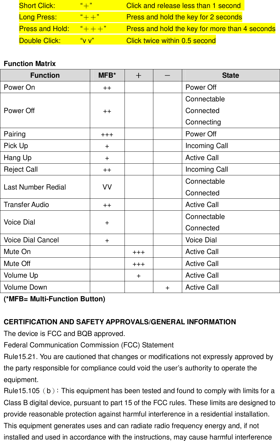 Short Click:    &ldquo;＋&rdquo;   Click and release less than 1 second  Long Press:    &ldquo;＋＋&rdquo;    Press and hold the key for 2 seconds Press and Hold:   &ldquo;＋＋＋&rdquo;   Press and hold the key for more than 4 seconds Double Click:    &ldquo; v v&rdquo;   Click twice within 0.5 second  Function Matrix  Function  MFB*  ＋ － State Power On  ++      Power Off Power Off  ++     Connectable Connected                                                                                                Connecting Pairing  +++      Power Off  Pick Up  +      Incoming Call  Hang Up  +      Active Call Reject Call  ++      Incoming Call Last Number Redial  VV      Connectable Connected Transfer Audio  ++      Active Call Voice Dial  +      Connectable Connected Voice Dial Cancel  +      Voice Dial Mute On    +++   Active Call Mute Off    +++   Active Call Volume Up    +    Active Call Volume Down      +  Active Call (*MFB= Multi-Function Button)  CERTIFICATION AND SAFETY APPROVALS/GENERAL INFORMATION The device is FCC and BQB approved. Federal Communication Commission (FCC) Statement Rule15.21. You are cautioned that changes or modifications not expressly approved by the party responsible for compliance could void the user&rsquo;s authority to operate the equipment. Rule15.105（b）： This equipment has been tested and found to comply with limits for a Class B digital device, pursuant to part 15 of the FCC rules. These limits are designed to provide reasonable protection against harmful interference in a residential installation. This equipment generates uses and can radiate radio frequency energy and, if not installed and used in accordance with the instructions, may cause harmful interference 