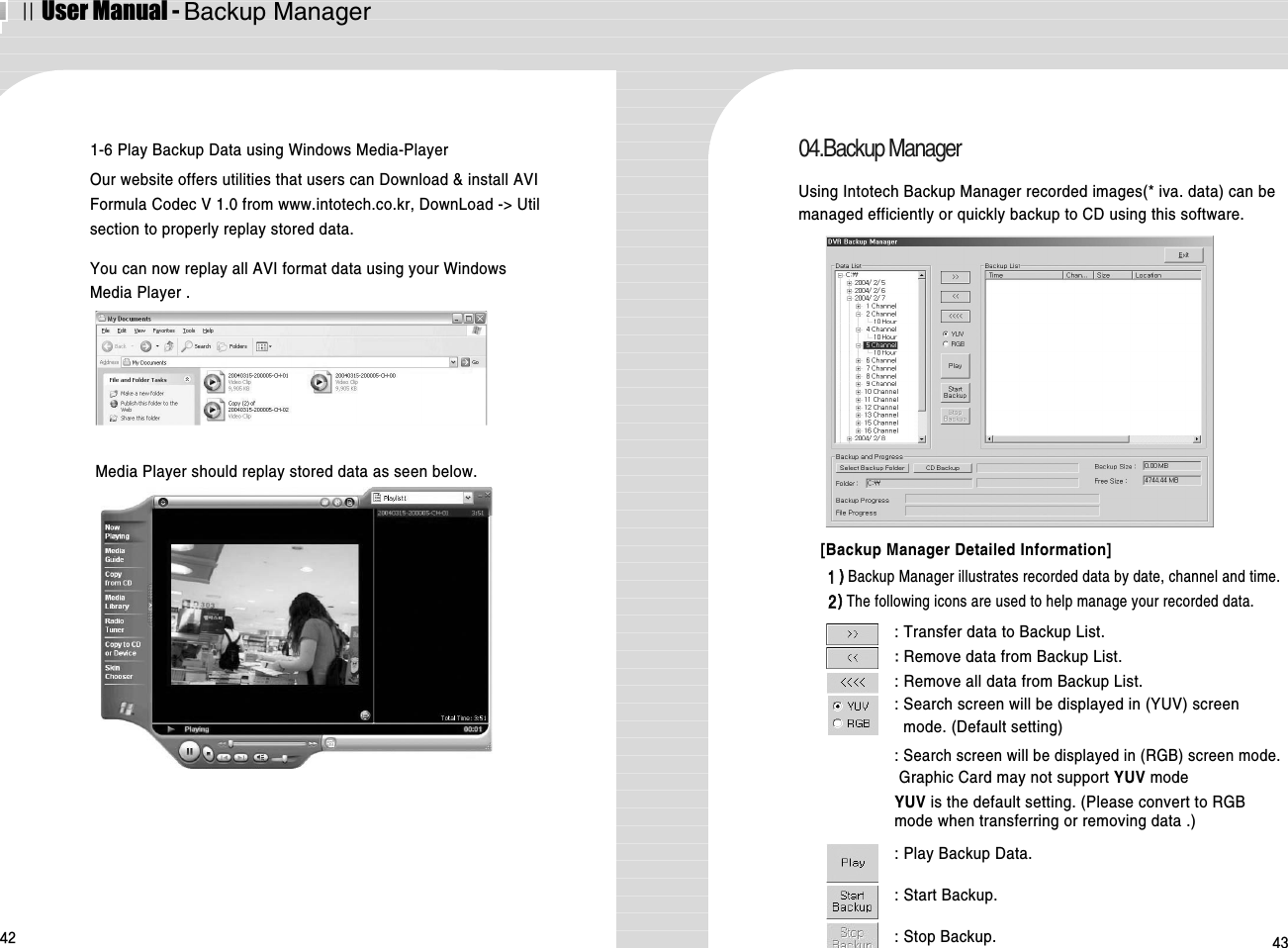 ⅡUser Manual - Backup Manager42 431-6 Play Backup Data using Windows Media-PlayerOur website offers utilities that users can Download &amp; install AVIFormula Codec V 1.0 from www.intotech.co.kr, DownLoad -&gt; Utilsection to properly replay stored data.You can now replay all AVI format data using your WindowsMedia Player .Media Player should replay stored data as seen below.04.Backup ManagerUsing Intotech Backup Manager recorded images(* iva. data) can bemanaged efficiently or quickly backup to CD using this software.[Backup Manager Detailed Information]: Transfer data to Backup List.: Remove data from Backup List.: Remove all data from Backup List.: Search screen will be displayed in (YUV) screenmode. (Default setting)  : Search screen will be displayed in (RGB) screen mode.Graphic Card may not support YUV mode YUV is the default setting. (Please convert to RGBmode when transferring or removing data .) : Play Backup Data. : Start Backup.: Stop Backup.11 )) Backup Manager illustrates recorded data by date, channel and time. 22))The following icons are used to help manage your recorded data.